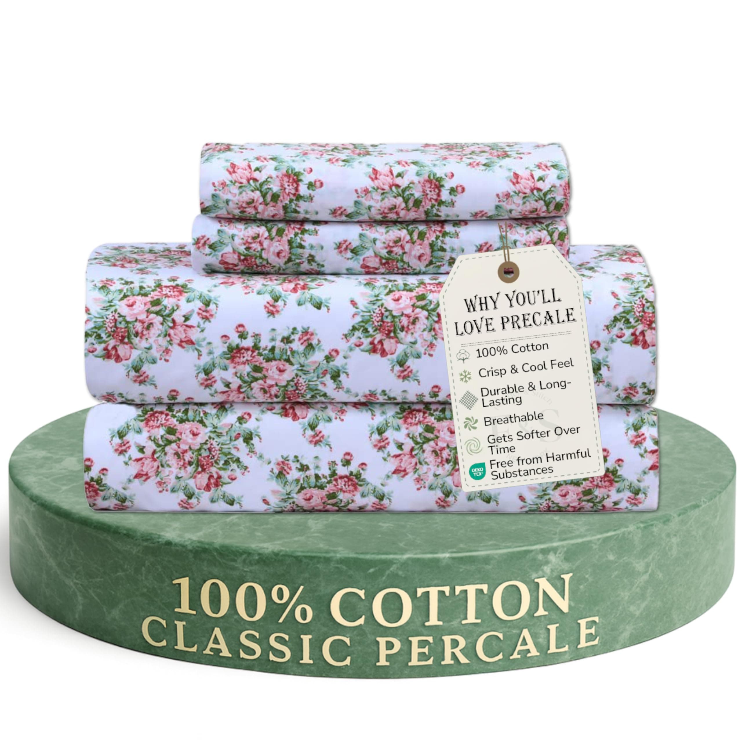 Feather & Stitch Softest 100% Cotton Sheets, 300 Thread Count Percale Weave Bedding, 16" Deep Pocket, Cooling Sheets, Breathable Bed Set, Hotel Premium Quality (Queen, Floral)