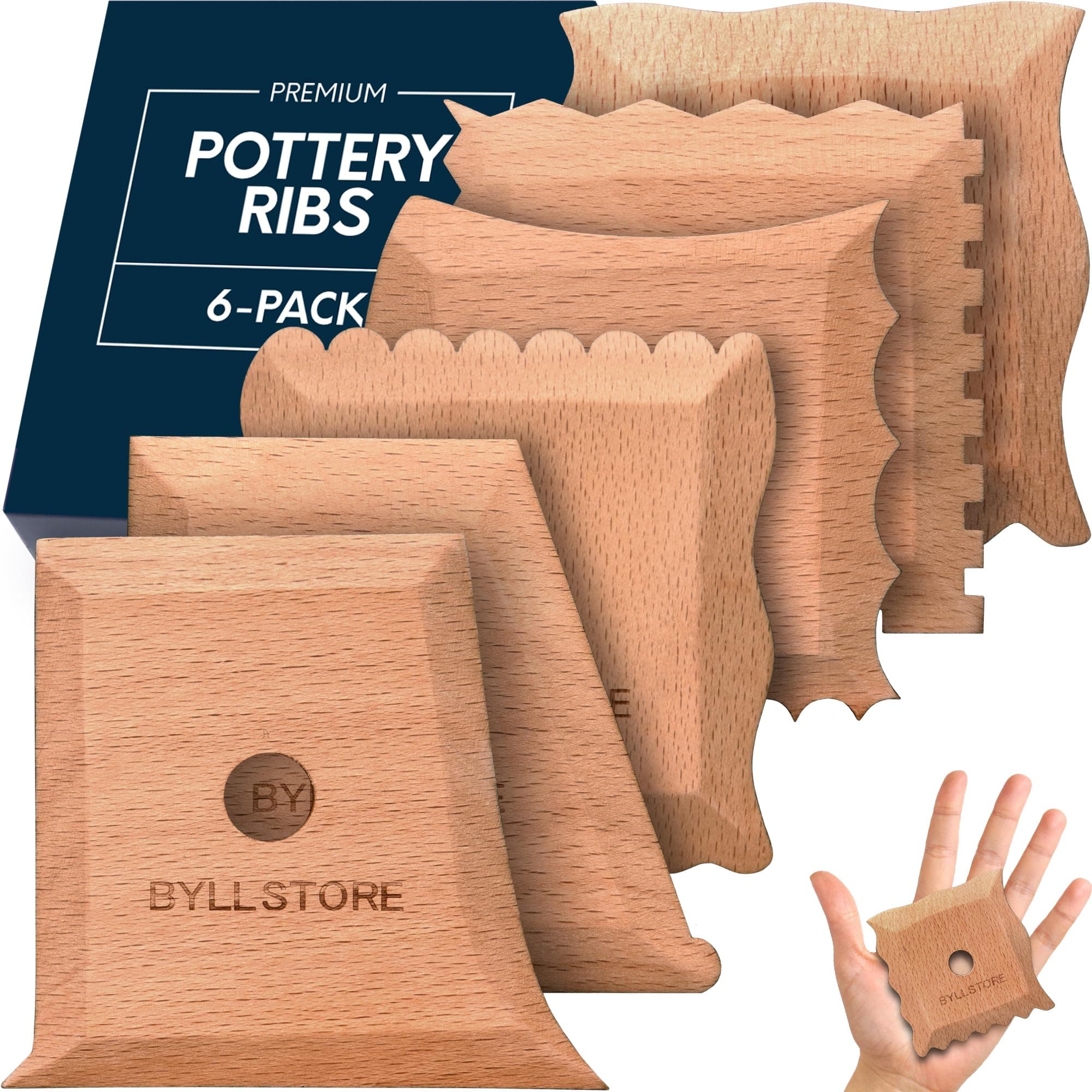 Pottery Ribs & Trimming Tools | 2 Foot Shaper Tools | 4 Clay Texture Ribs | Solid Beech Wood | Several Pack Options (6-Pack)