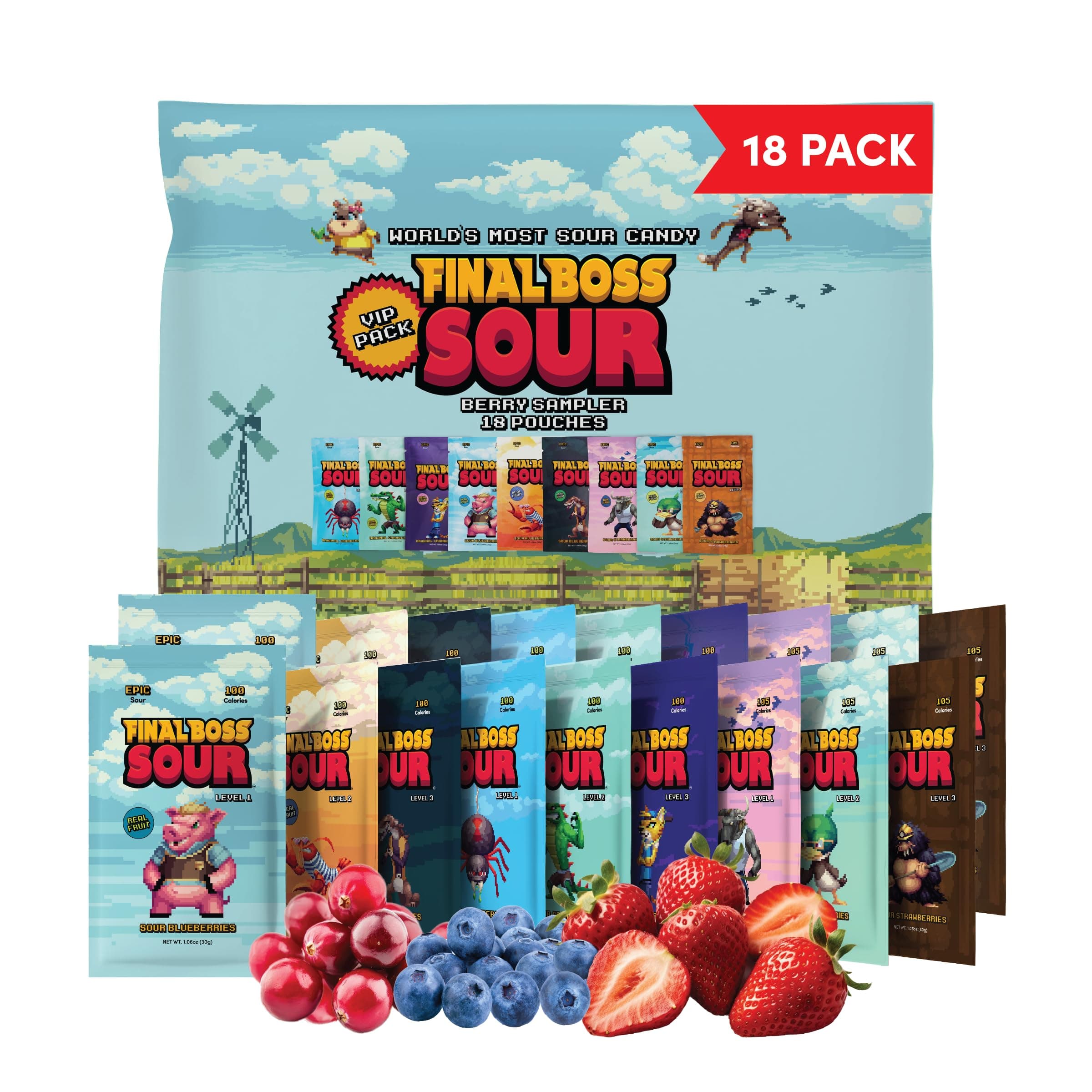 Sour Candy Variety Pack, 18 Pack, All Sour Levels, Extreme Sour Fruit Chews with Real Dried Fruit, No Artificial Colors or Flavors, Low Calorie Snack for Kids, Teens & Adults