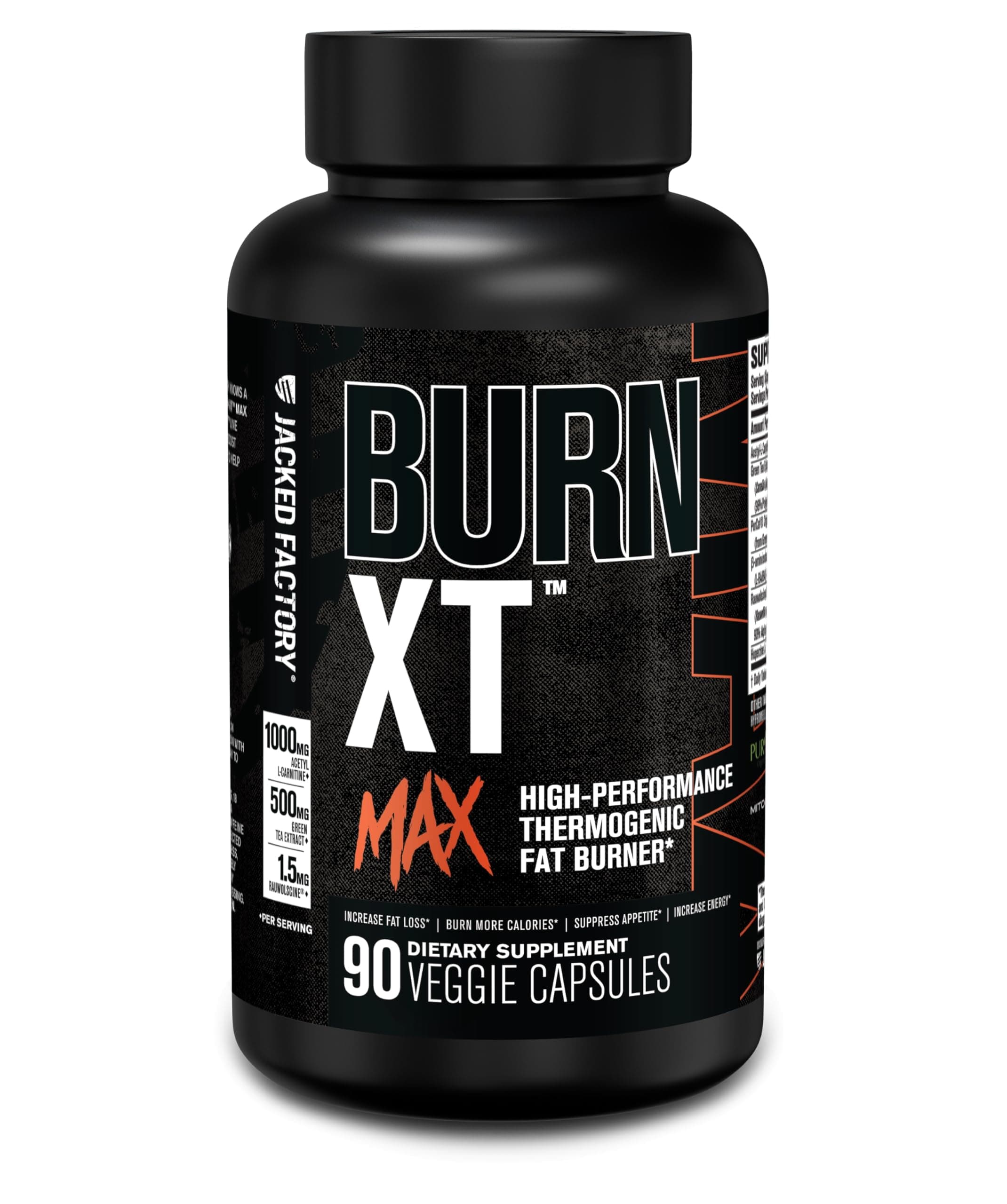 Jacked Factory Burn-XT Max - High-Performance Thermogenic Fat Burner & Appetite Suppressant for Weight Loss w/PurCaf Organic Caffeine, MitoBurn, Green Tea, Acetyl L Carnitine & More - 90 Capsules