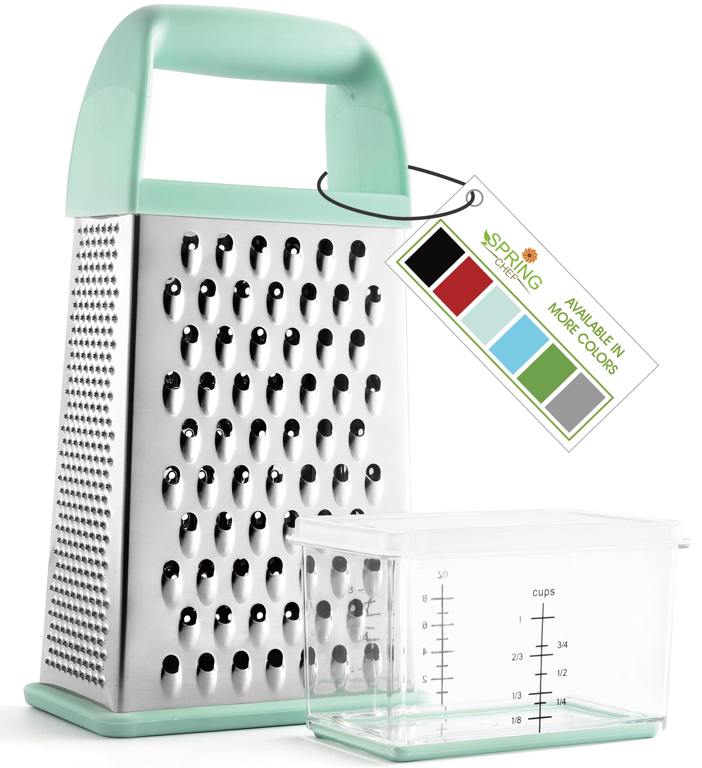 Spring Chef Professional 10" Parmesan Cheese Grater With Container, Stainless Steel & Soft Grip Handle, Handheld Kitchen Cheese Shredder, Box Grater with 4 Sides for Potato, Carrot, Veggie - Mint