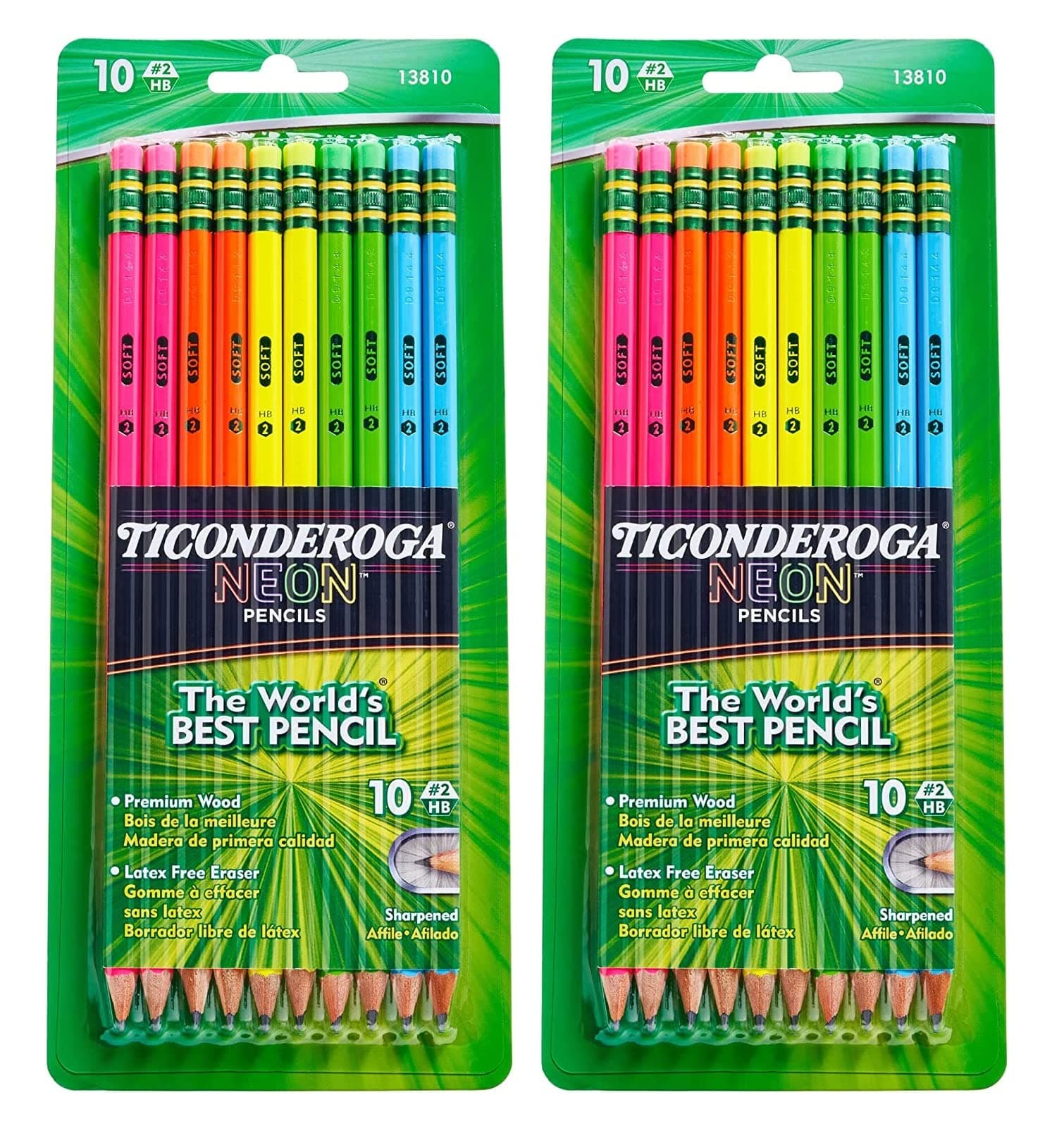 Ticonderoga No.2 Pencils, Assorted Neon, 10-Pack (2-Pack)