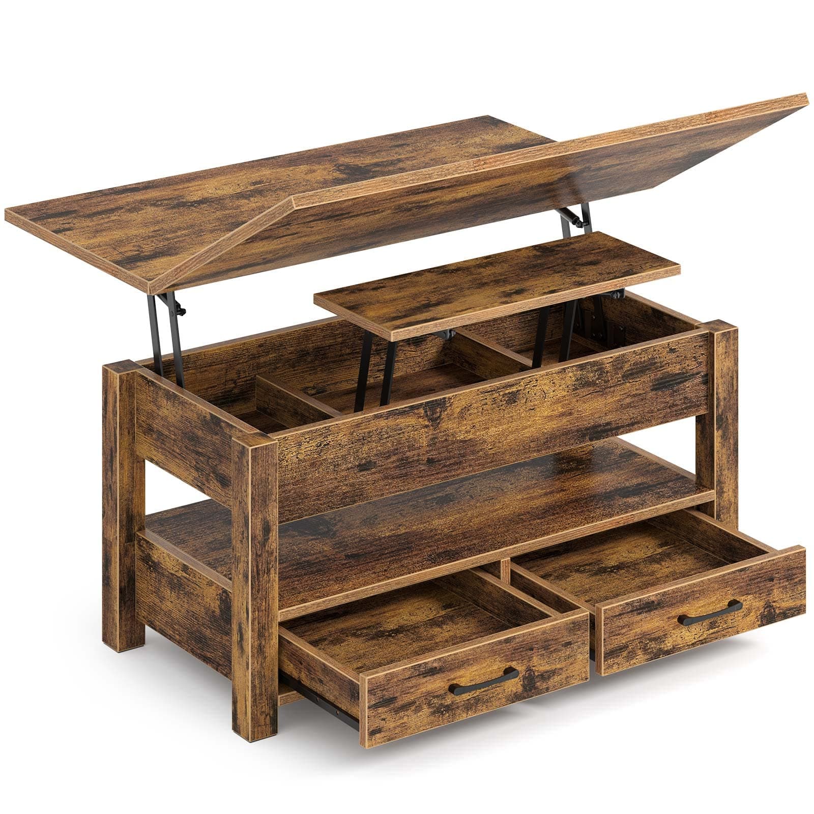 Coffee Table Lift Top, Multi-Function Convertible Coffee Table with Drawers and Hidden Compartment, Converts to Dining Table for Living Room, Home Office, Rustic Brown