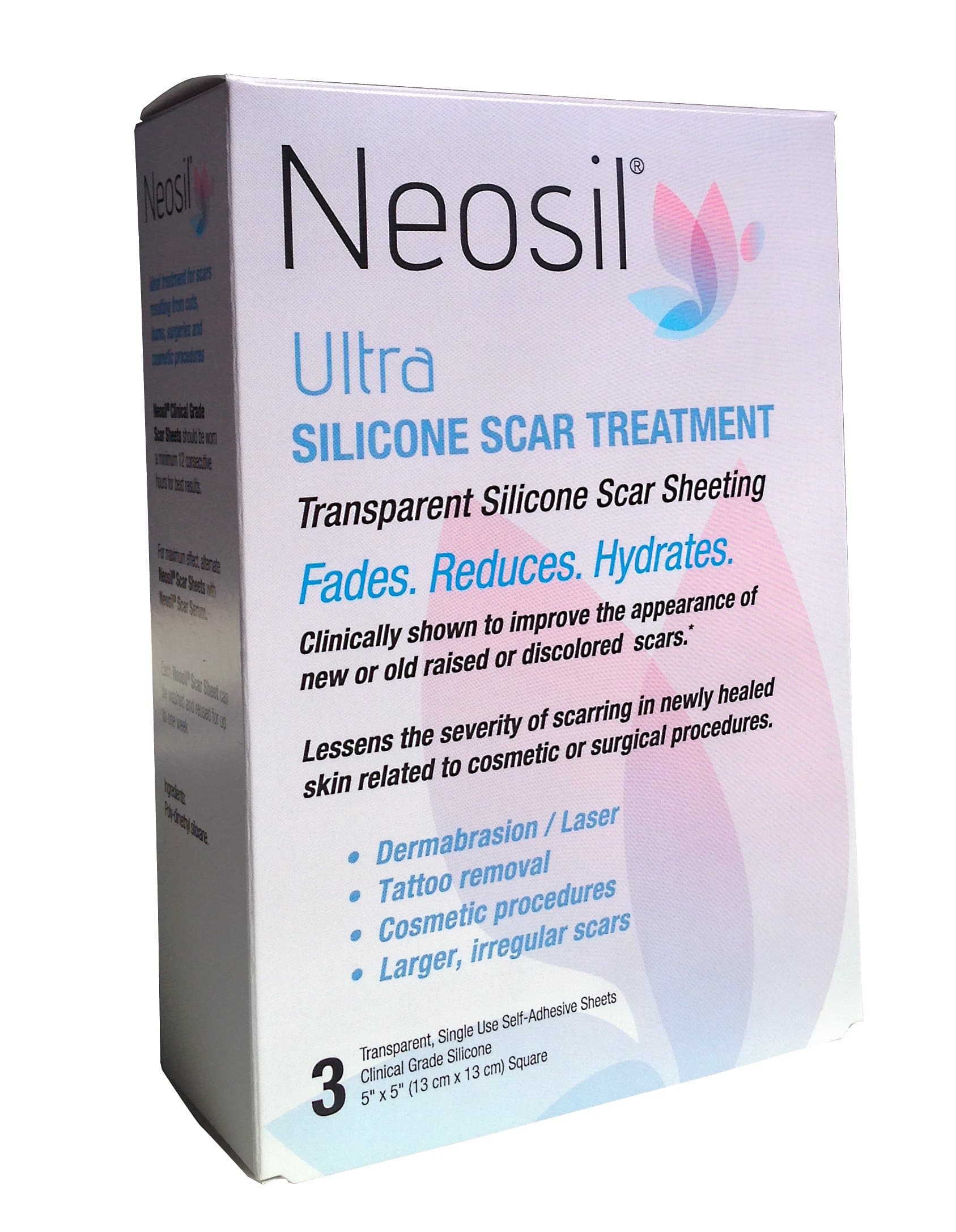 NEO-0210 Ultra Large Transparent Silicone Scar Sheeting for Burns, Dermabrasion or Laser Treatments, 5" x 5" (Pack of 3)