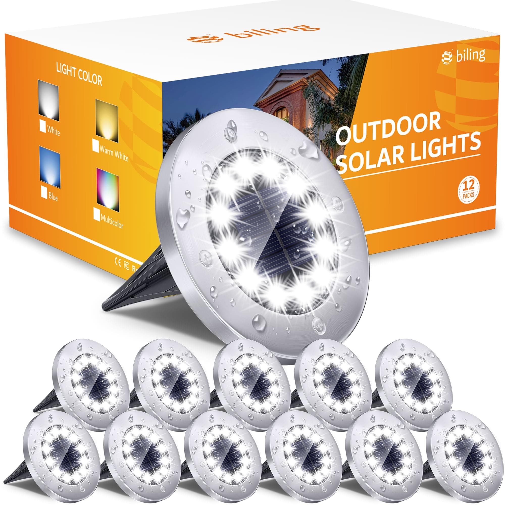 Biling Solar Outdoor Lights 12 Pack, Bright 12 LEDs Solar Ground Lights Waterproof, Flat Landscape Lighting Solar Powered for Yard Walkway Pathway Garden Driveway (White)