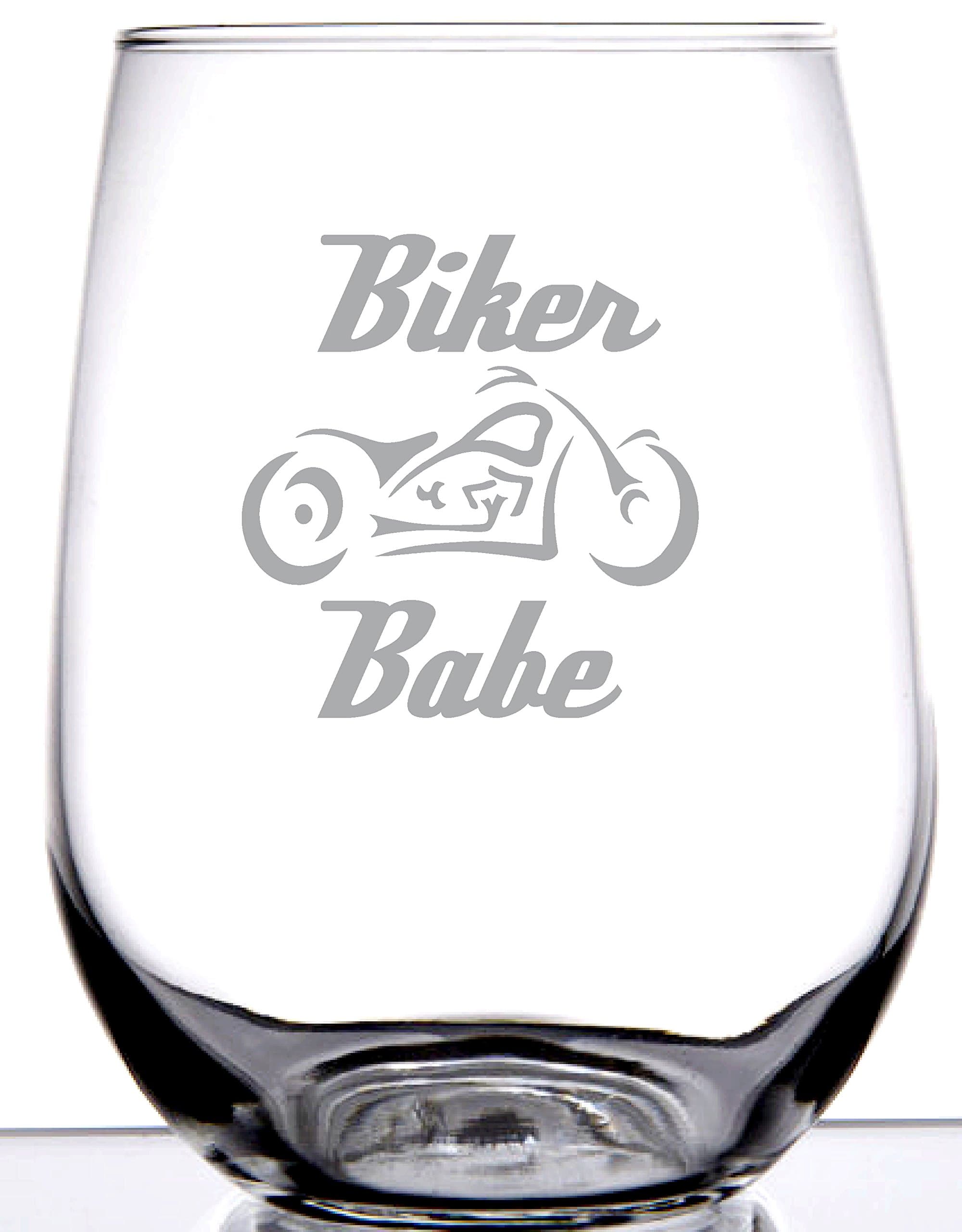 Biker Babe Stemless Wine Glass | Laser Etch Embedded Design | Motorcycle Biker Girl Woman | 15 Ounce