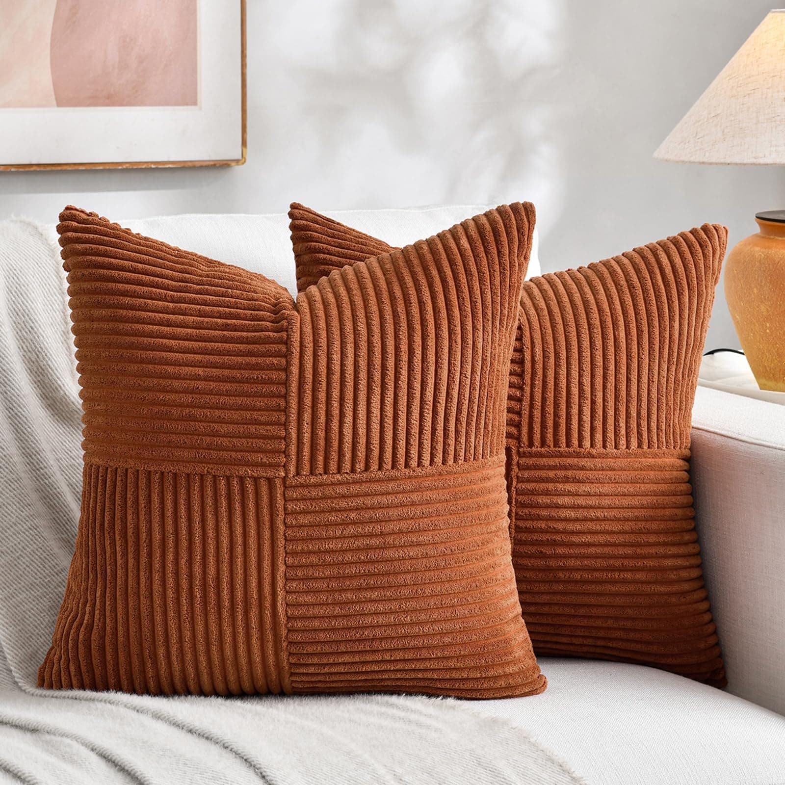 Fancy Homi 2 Packs Rust Boho Decorative Throw Pillow Covers 18x18 Inch for Living Room Couch Bed, Farmhouse Home Decor, Soft Corss Corduroy Patchwork Textured Terracotta Accent Cushion Case 45x45 cm