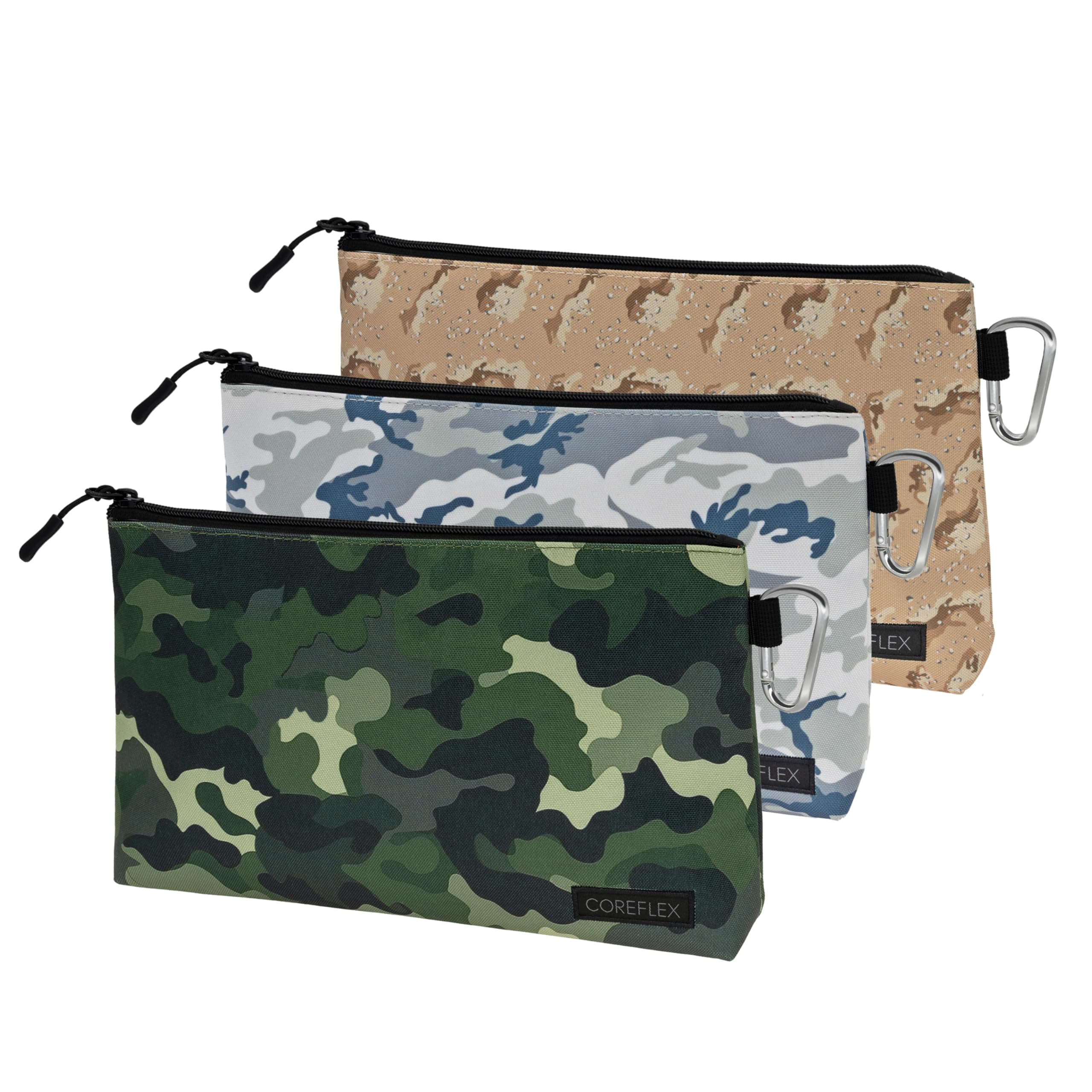 COREFLEX 3 Pack Camoflauge Tool Pouch Zipper Bag, Multipurpose Storage pouch, Heavy duty Flat Bottom Tool bag with YKK Zipper for Tools, Gadgets, Cosmetics, Stationary, Travel accessary. 12inch