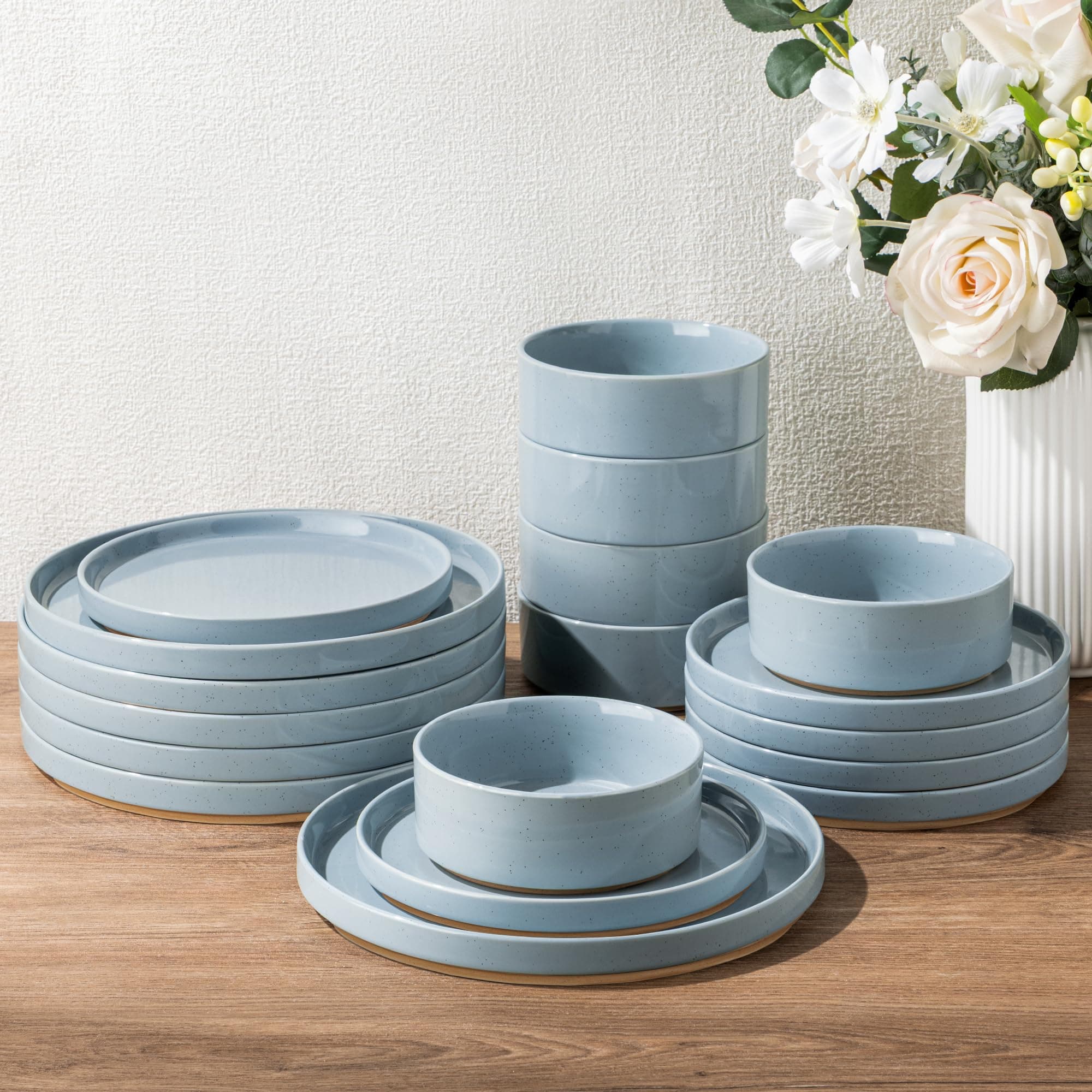 AmorArc Ceramic Dinnerware Set for 8 | Speckled Stoneware Plates and Bowls with Rustic Terracotta Underside| Scratch Resistant,Dishwasher & Microwave Safe Dishes Sets- 24pcs Blue