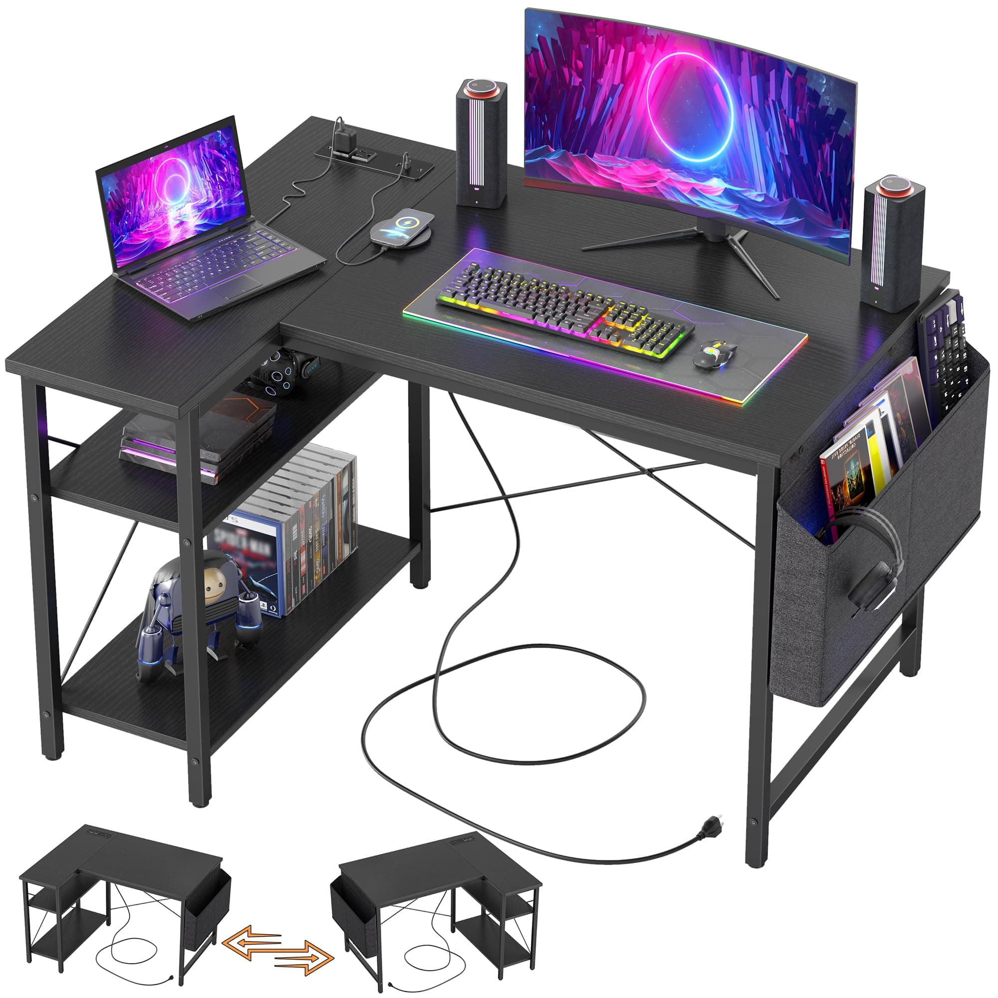 Gaming Desk with Power Outlets - 40 inch L Shaped Computer Desk, Reversible Design Small Corner Desk, Bookshelf Workstation for Work Study Play Home Office, Black