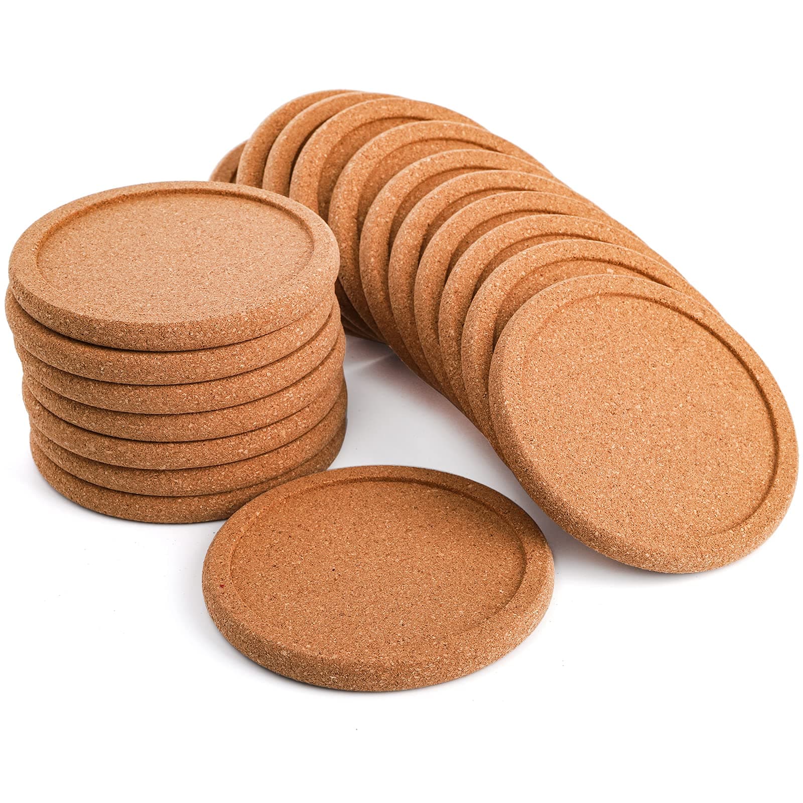 Tebery 20 Pack Round Lip Cork Coasters, 4-Inch Absorbent Drink Coaster with Grooved Round Edge for Bar Glass Cup Tablepc