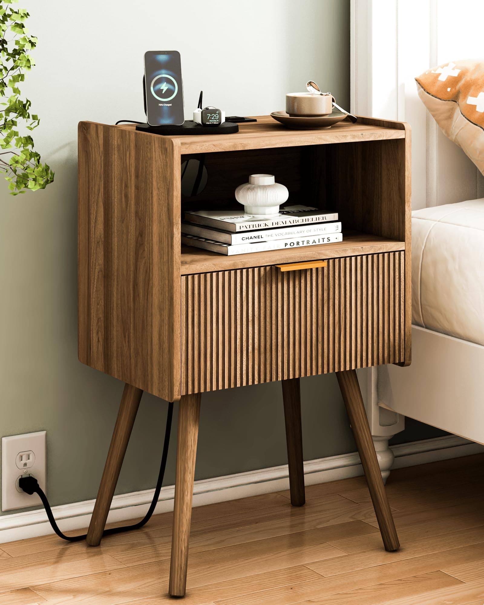 JOONEE Nightstand with Outlet,Modern Bedside Table with Storage Drawer and Open Wood Shelf, for Living Room, Bedroom and Small Spaces, Accent Night Stand with Solid Wood Legs, Easy Assembly,Brown