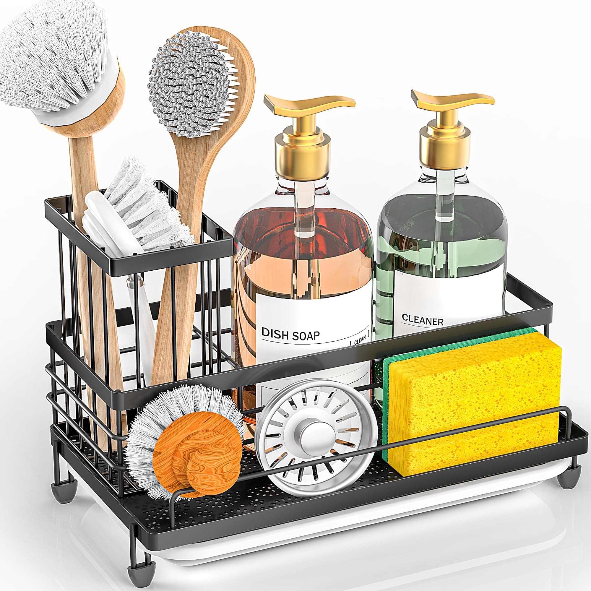 Kitchen Sink Caddy Organizer, Rustproof Non-Slip Soap Dish Dispenser Brush, Sponge Holder for Kitchen Sink, Kitchen Organization and Storage, Home Essentials Accessories（Matte Black）