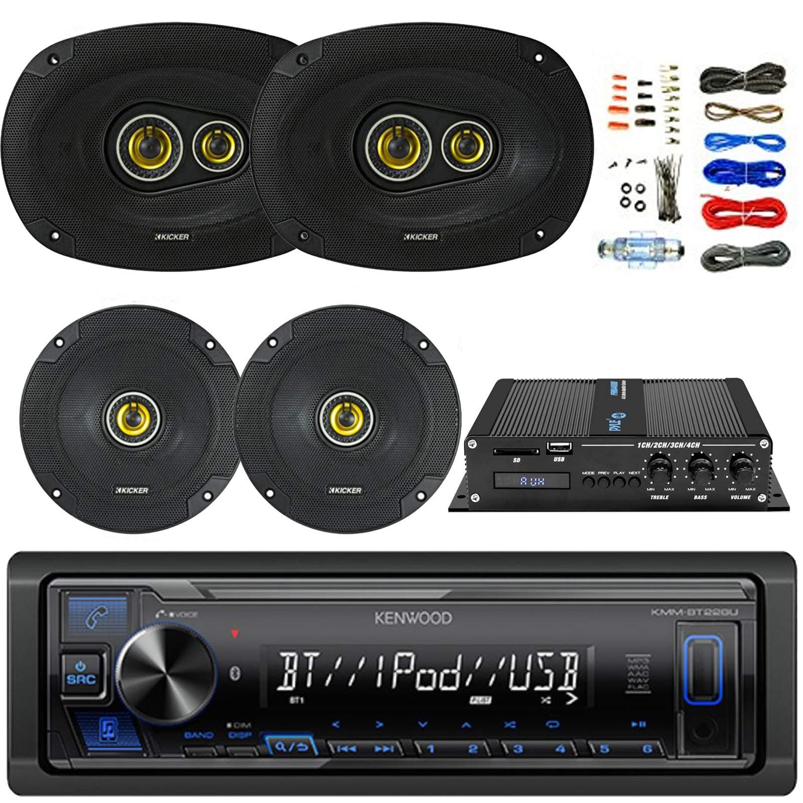Kenwood Bluetooth AM/FM Car Stereo Receiver Bundle Combo with 2X Kicker 300-Watt 6.5 Inch 2-Way Speakers, 2X 450W 6x9 3-Way Coaxial Speakers, 4-Channel Amplifier, 8G Installation Kit
