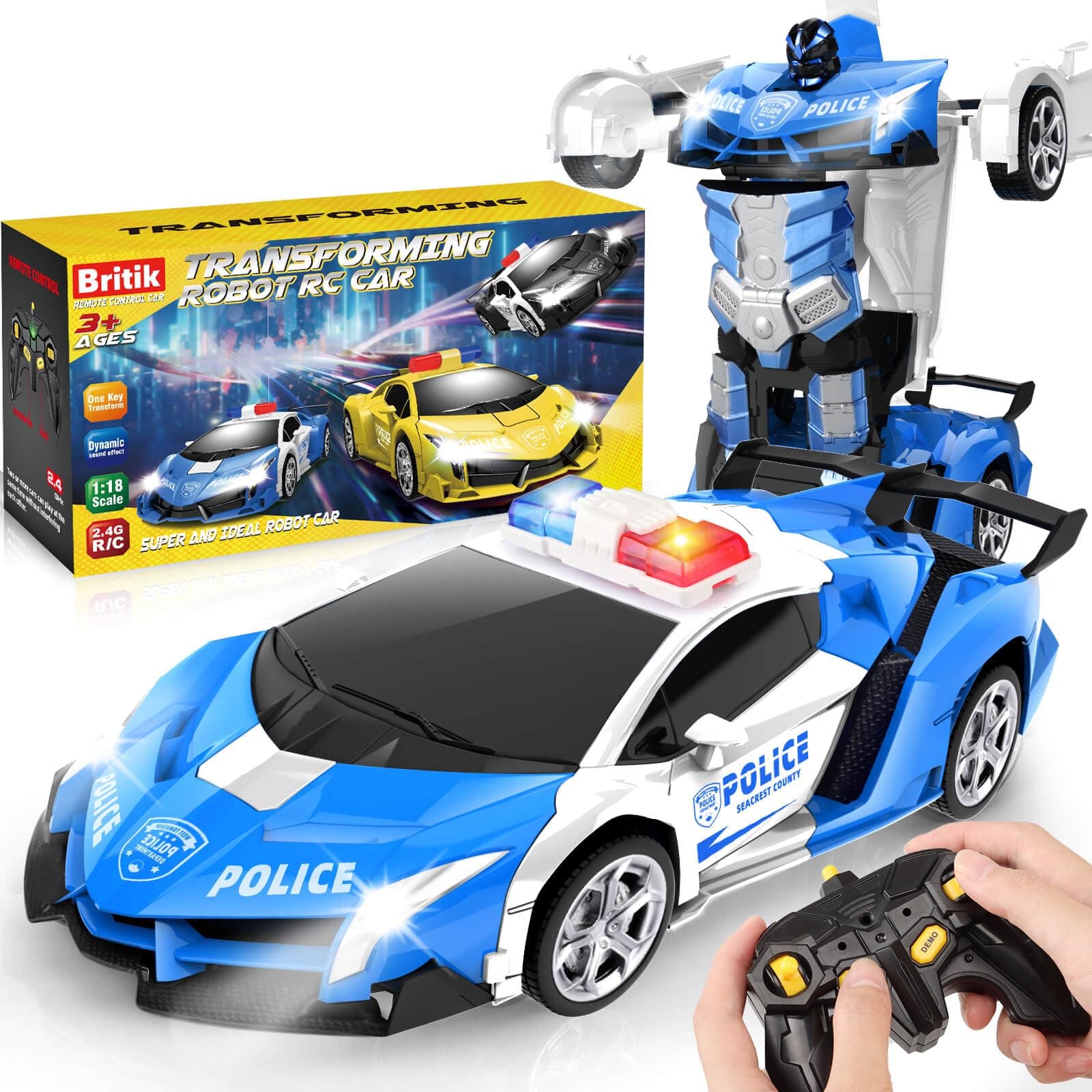 Transform Remote Control Car - Rc Cars, One-Button Transforming, 360° Rotation Drifting, 2.4ghz 1:18 Scale, Gift Kids Aged 4-6 Year Old Boys/Girls, Police Car Blue