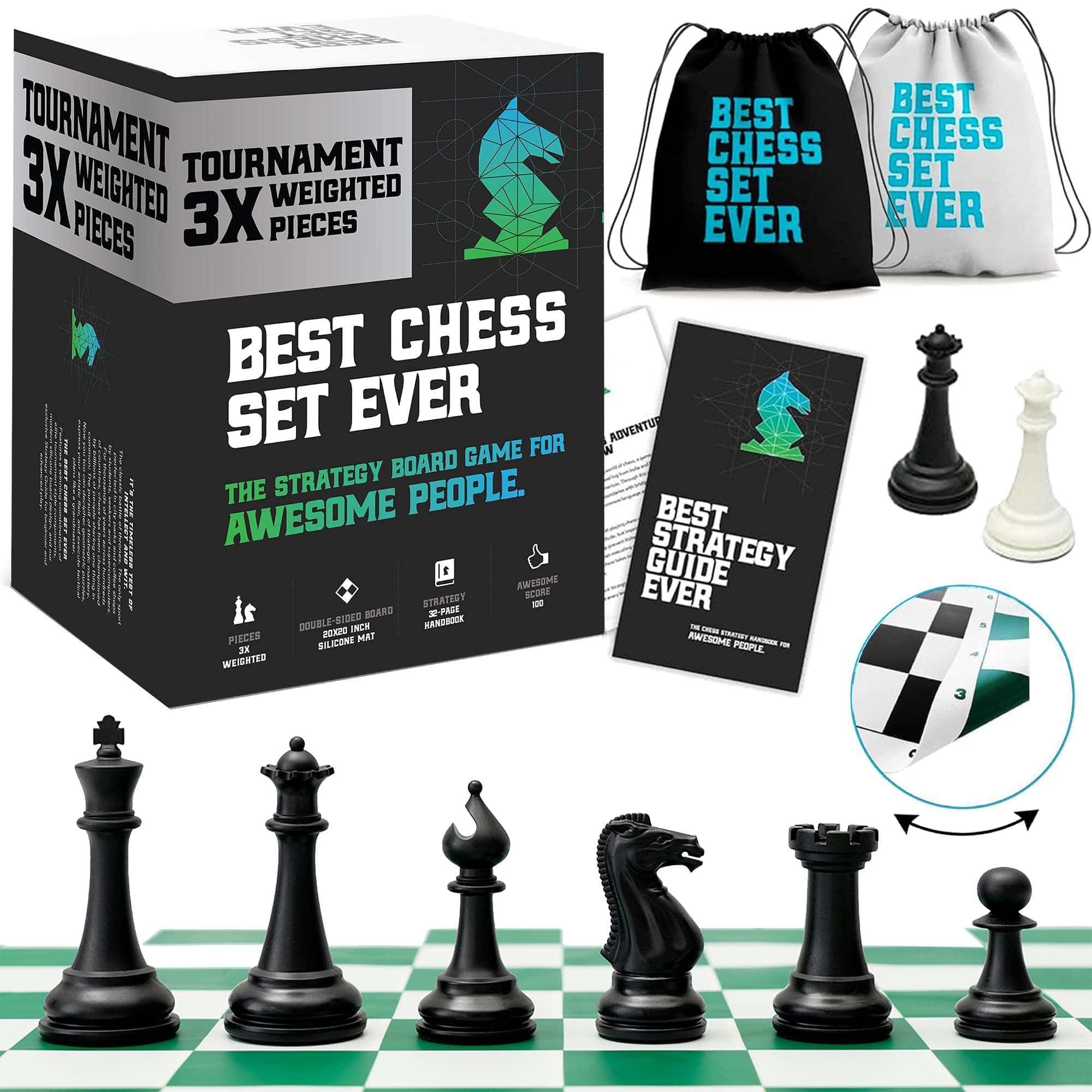 Best Chess Set Ever 3X Triple Weighted Tournament Size Chess Game (4" King) Large Staunton Modern Pieces 20x20 Big Double-Sided Roll Up Silicone Mat Professional Chess Board Set for Adults & Kids