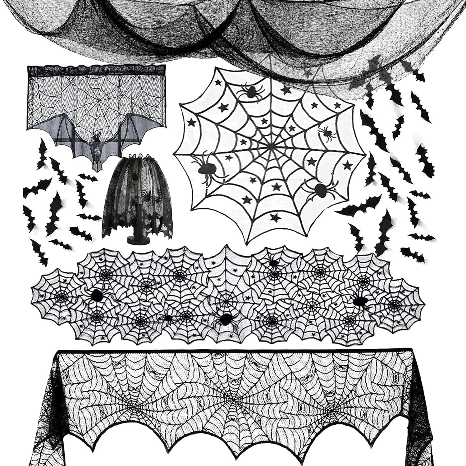 SKADE 7 Pack Halloween Decorations Sets Spider Webs Tablecloth Fireplace Scarf Runner Round Cobweb Table Cover Lampshade Door Curtain with 24pcs 3D Bats for Halloween Decor Indoor Party Supplies