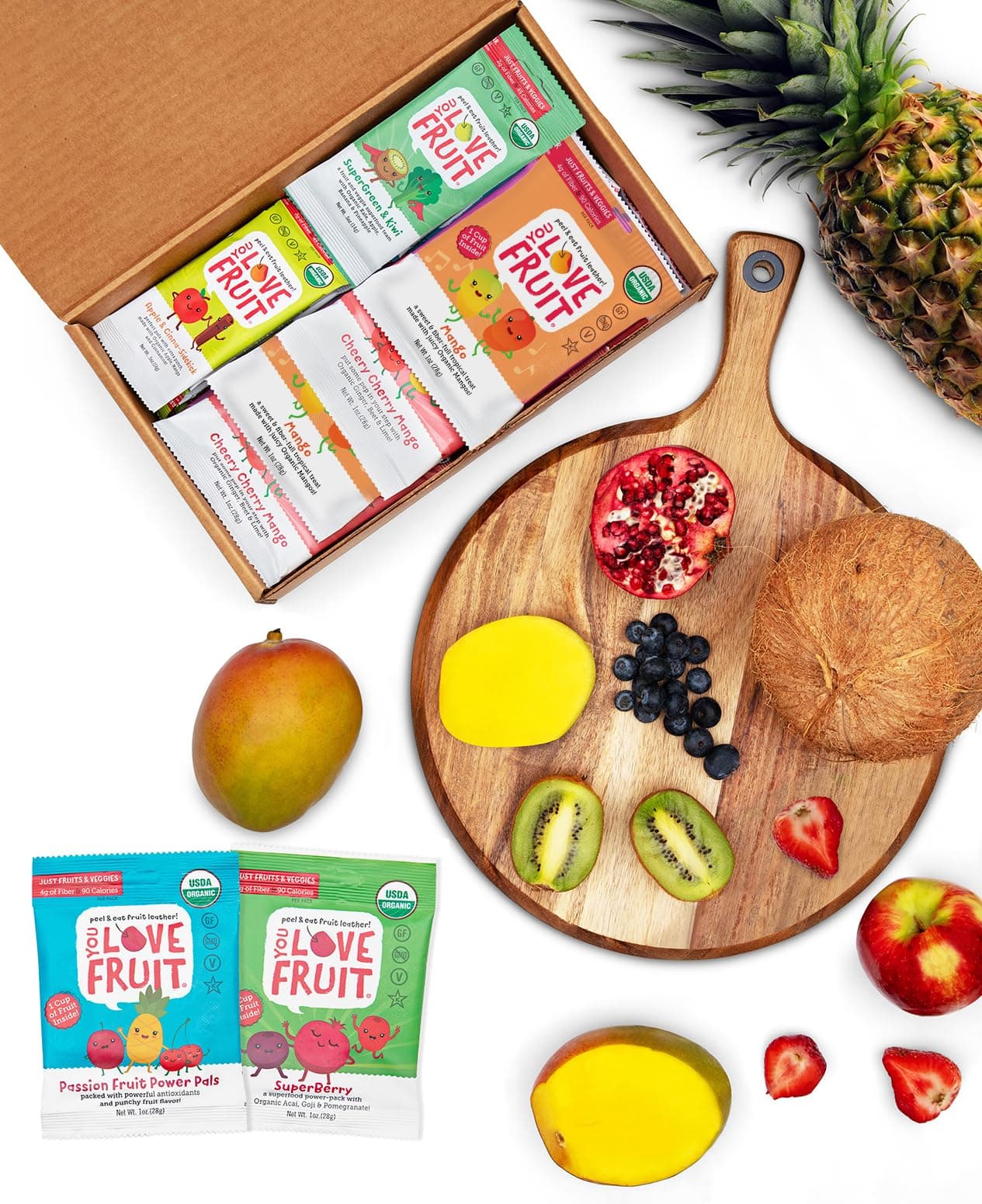 YOU LOVE FRUIT - Fruit Snacks Gift Box 24 Pack, 100% Natural Gluten-Free, Vegan, Fiber Packed, Low Fat Fruit Snack for Kids, College Students, Teachers and Offices, Healthy Fruit Snacks (apple cinnamon, mango, berry, kiwi berry, passion fruit, cherry mango, super green & kiwi )