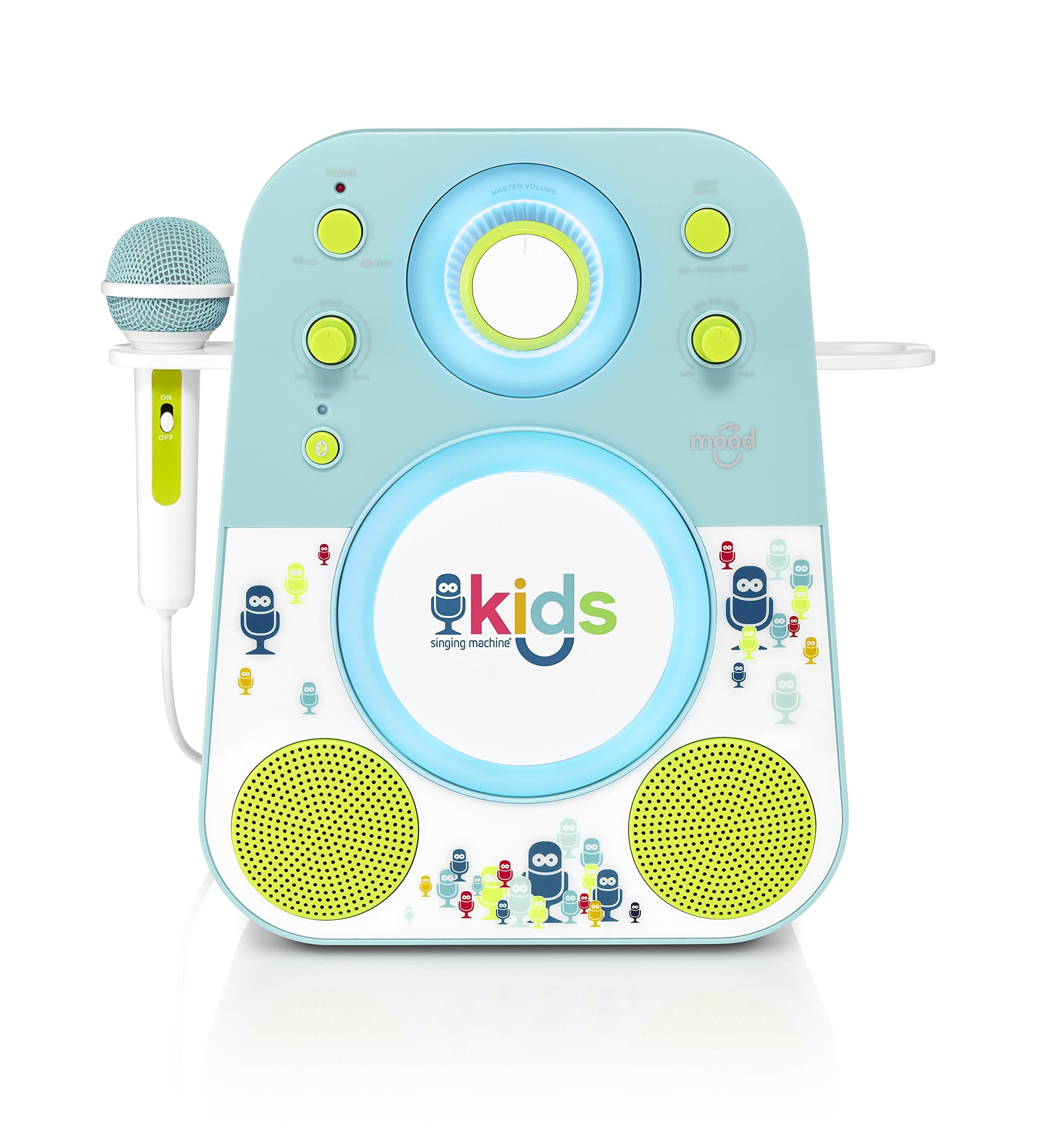 Singing Machine Kids Mood LED Glowing Bluetooth Sing-Along Speaker with Wired Youth Microphone Doubles as a Night Light, Blue/Green, (SMK250BG)