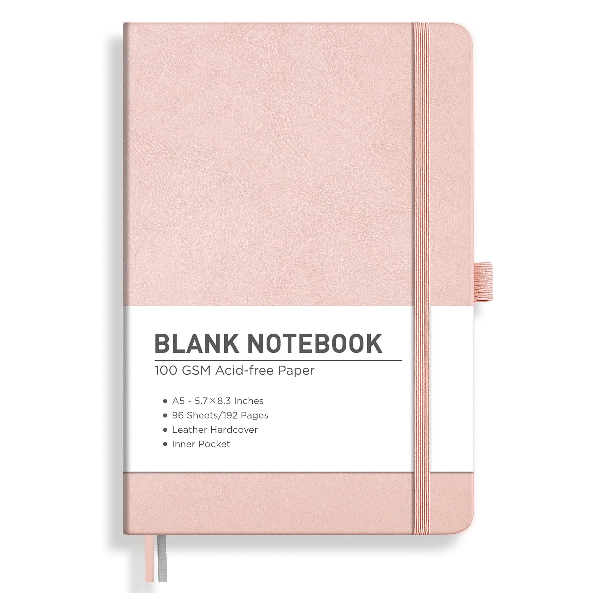 RETTACY Blank Journal Notebook, A5 Blank Journal with 192 Pages, 5.7'' × 8.3'' Medium Size, 68 LB/100 GSM Thick Paper, Leather Hardcover, for Sketching, Drawing, Painting (Rose Gold)