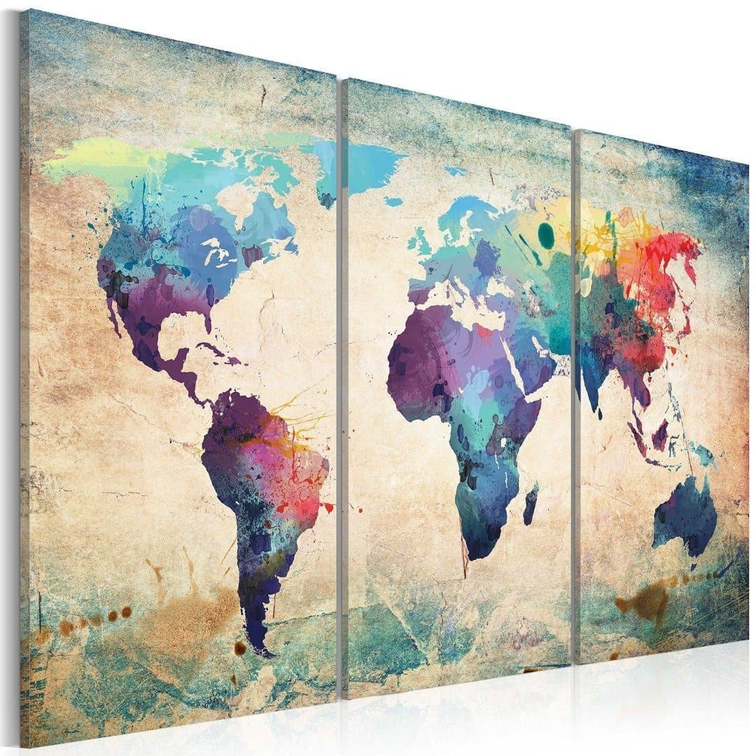 Framed Canvas Prints Map Art, NLEADER Wall Art Prints- 3 Pieces- World Map 120x80 cm( 47.2x31.5 in), Simple Can Be Assembled Wooden Frame, You Can Hang on The Wall