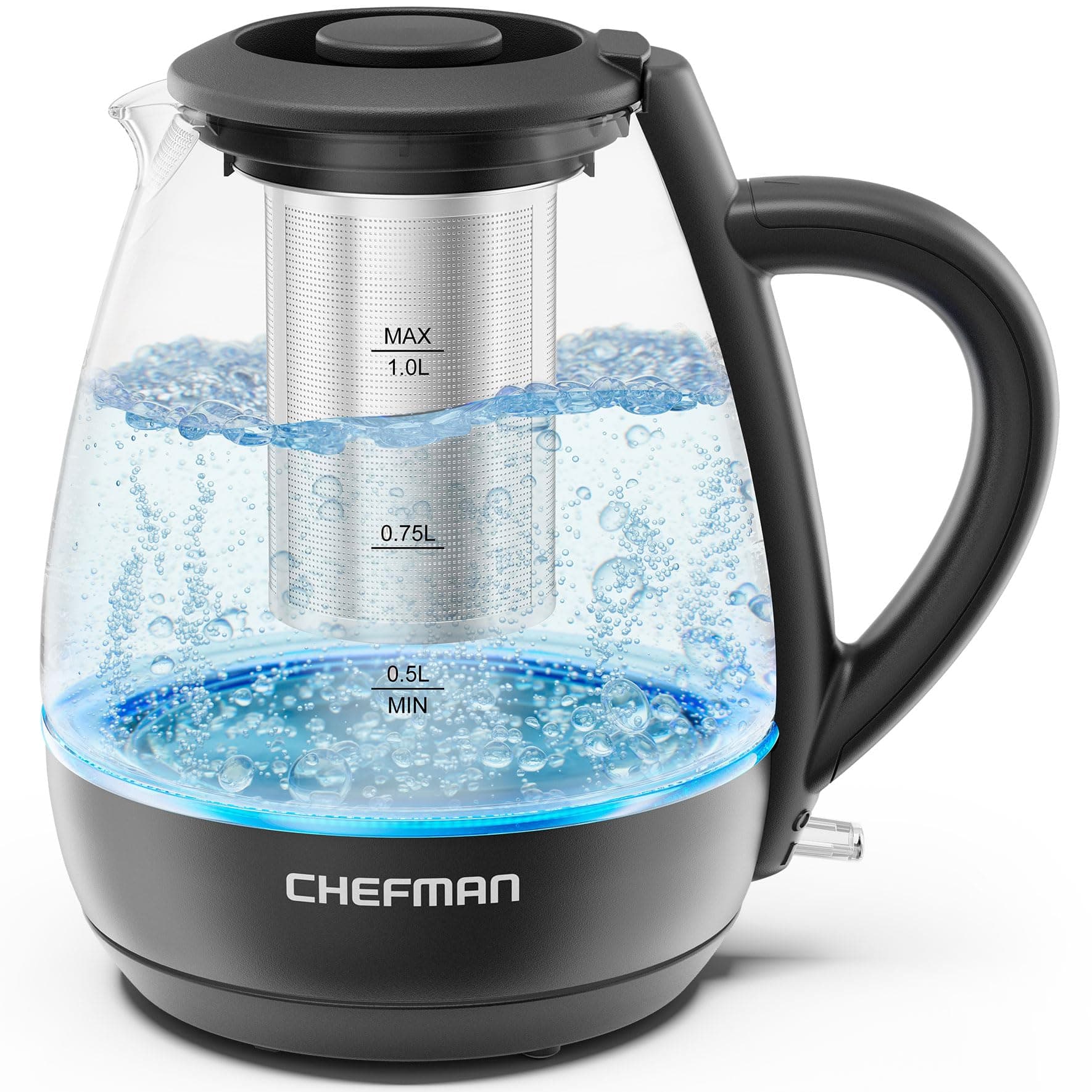 Chefman Electric Kettle with Tea Infuser, Compact 1L (4 Cups), 1500W, Removable Lid for Easy Cleaning, Boil-Dry Protection, Stainless Steel Filter, BPA Free, Auto Shut Off, Small Electric Tea Kettle