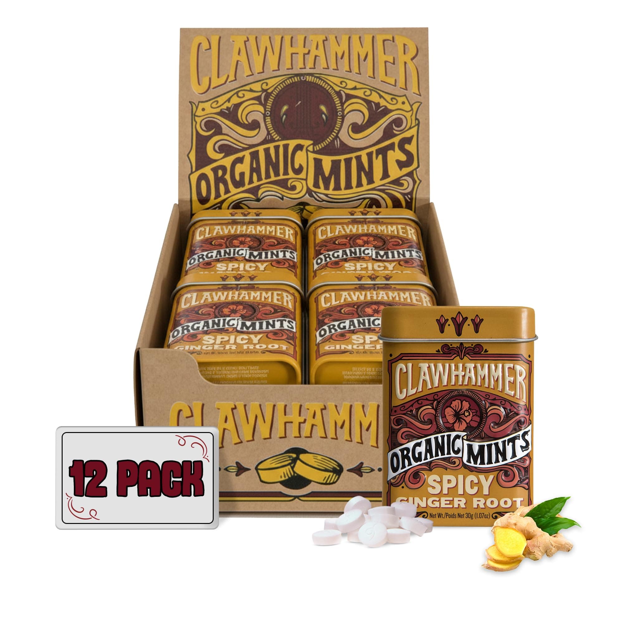 Clawhammer Organic Mints Spicy Ginger Root - 30 Count Tin (Pack of 12) | Bold Breath Mint with Ginger Root Flavor, Organic Candy Mints, No Artificial Colors or Sweeteners | Kosher, Vegan, Gluten Free
