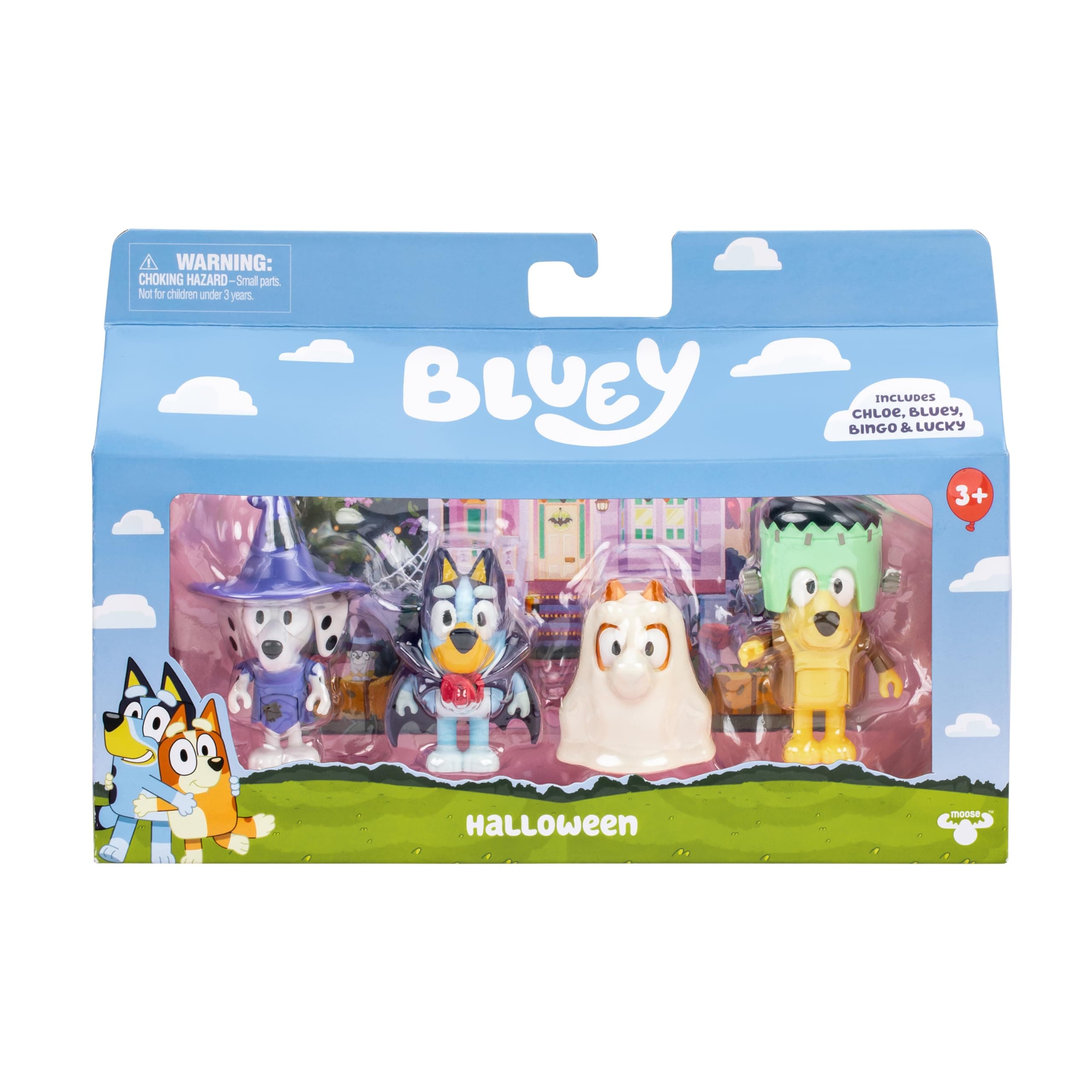 Bluey Halloween Figure 4-Pack - 2.5" Poseable Figures of Bluey, Bingo, Chloe & Lucky in Costumes With Accessories - Kids Can Recreate Favorite Moments From TV Show