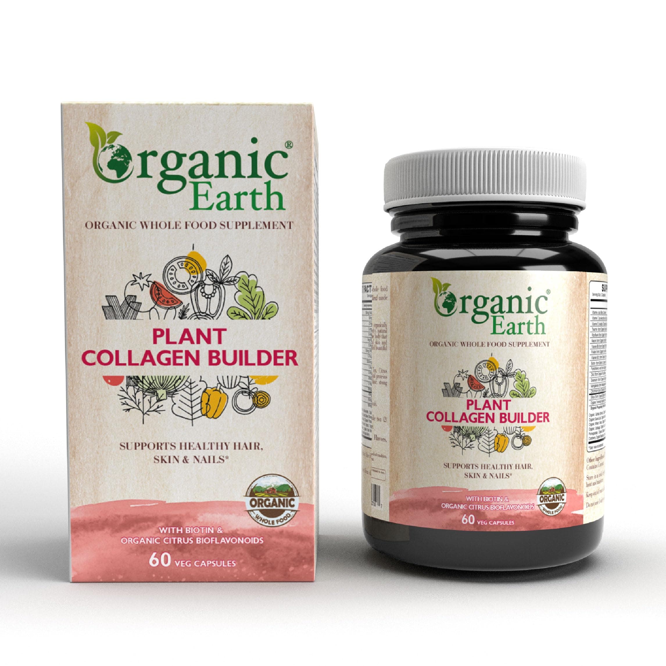 Organic Earth Plant Based Collagen Builder | Keratin and Elastin I Provides Youthful, Beautiful skin, Strengthens Nails and Hair I Vegan, Gluten Free, Clean Nutrition I 60 Capsules