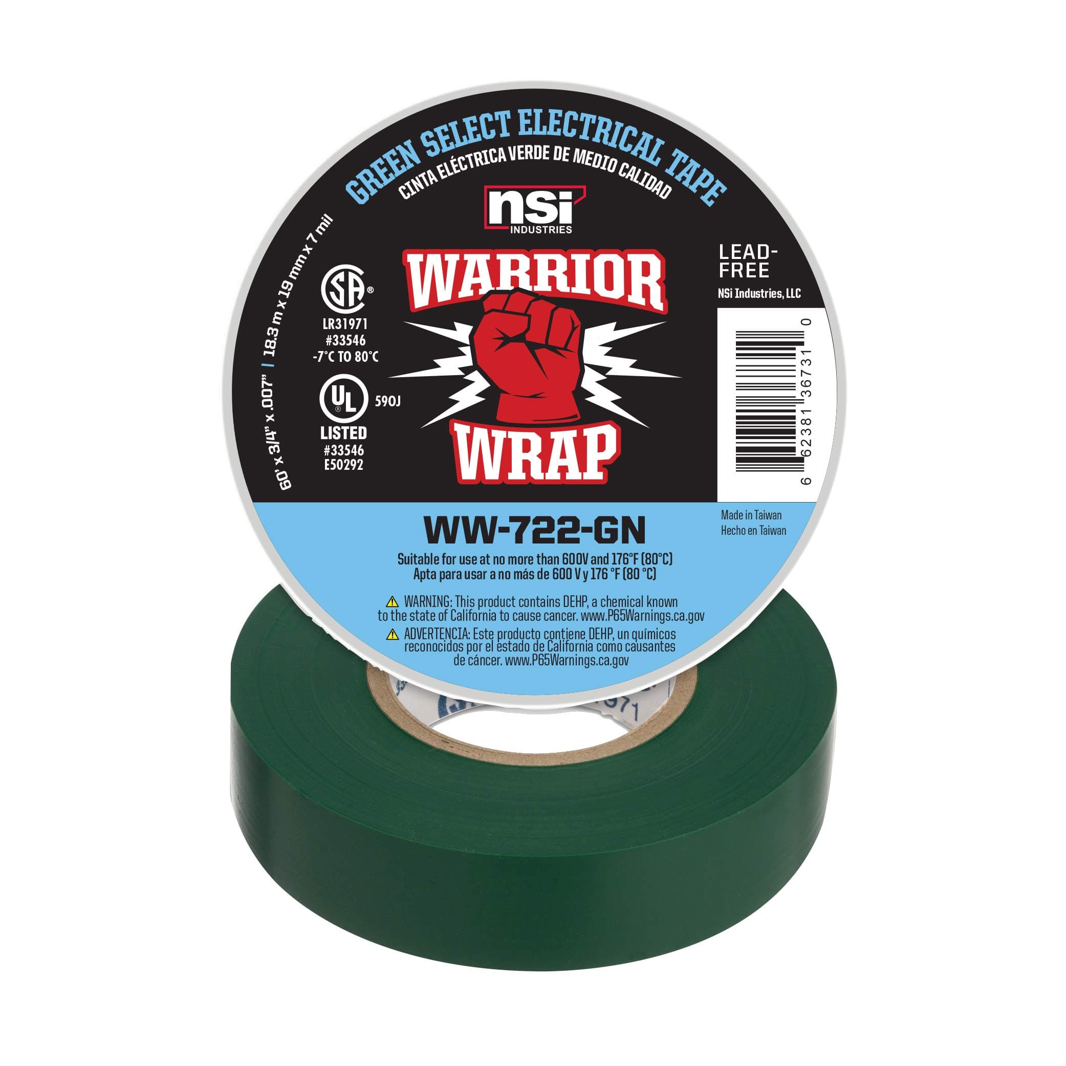 Industries WarriorWrap Select 3/4 in. x 60 ft. 7 mil Vinyl Electrical Tape, Green (WW-722-GN)