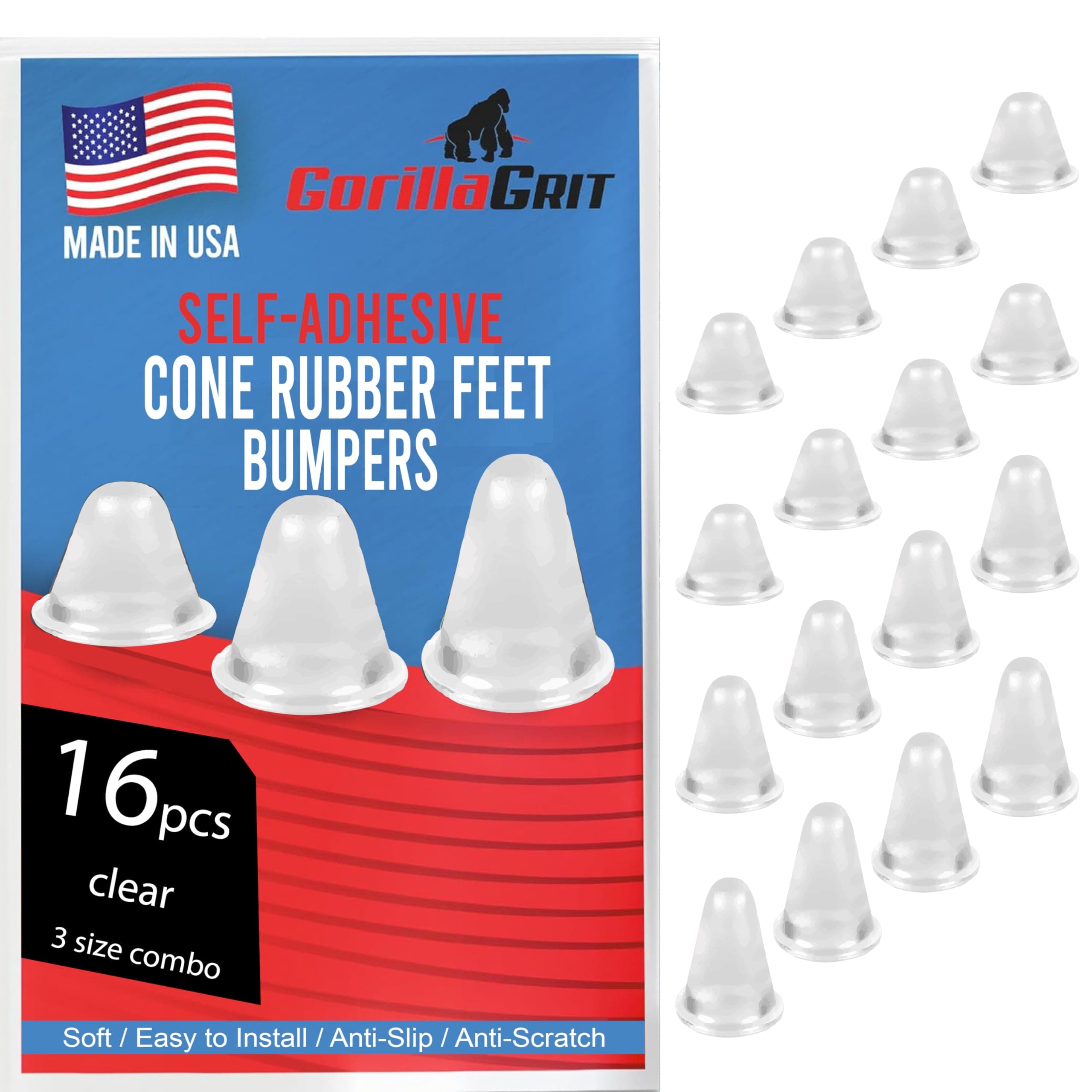 Cone Shaped Clear Rubber Bumpers - 16 PC Combo - Tall Rubber Feet Spacers for Electronics, Computer Audio Equipment, Car Truck Bug Deflector, Cutting Boards, Picture Frames, Cabinet Door