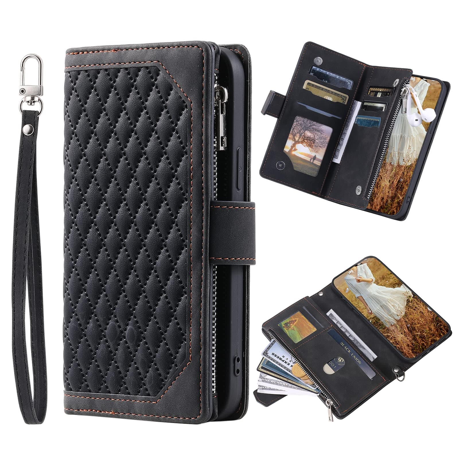 iPhone 13 Pro Max Phone Case Zipper Pocket Flip Shockproof Leather Folio Wallet Case with 6 Card Holder Slots Stand Silicone Bumper Zip Cover for iPhone 13 Pro Max Case Girls Women, Black