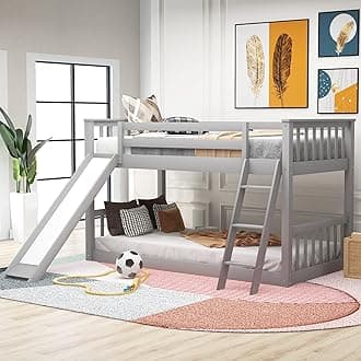 Bellemave Twin Over Twin Low Bunk Bed with Slide and Ladder, Low Bunk Bed for Kids, Girls, Boys, Floor bunk Bed, Gray