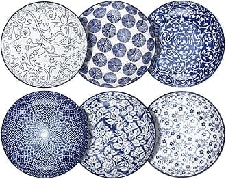 Porcelain Salad Pasta Bowls, Serving bowls, Microwave & Dishwasher Safe, Sturdy & Stackable - 26 Ounce, Set of 6, Vintage Blue