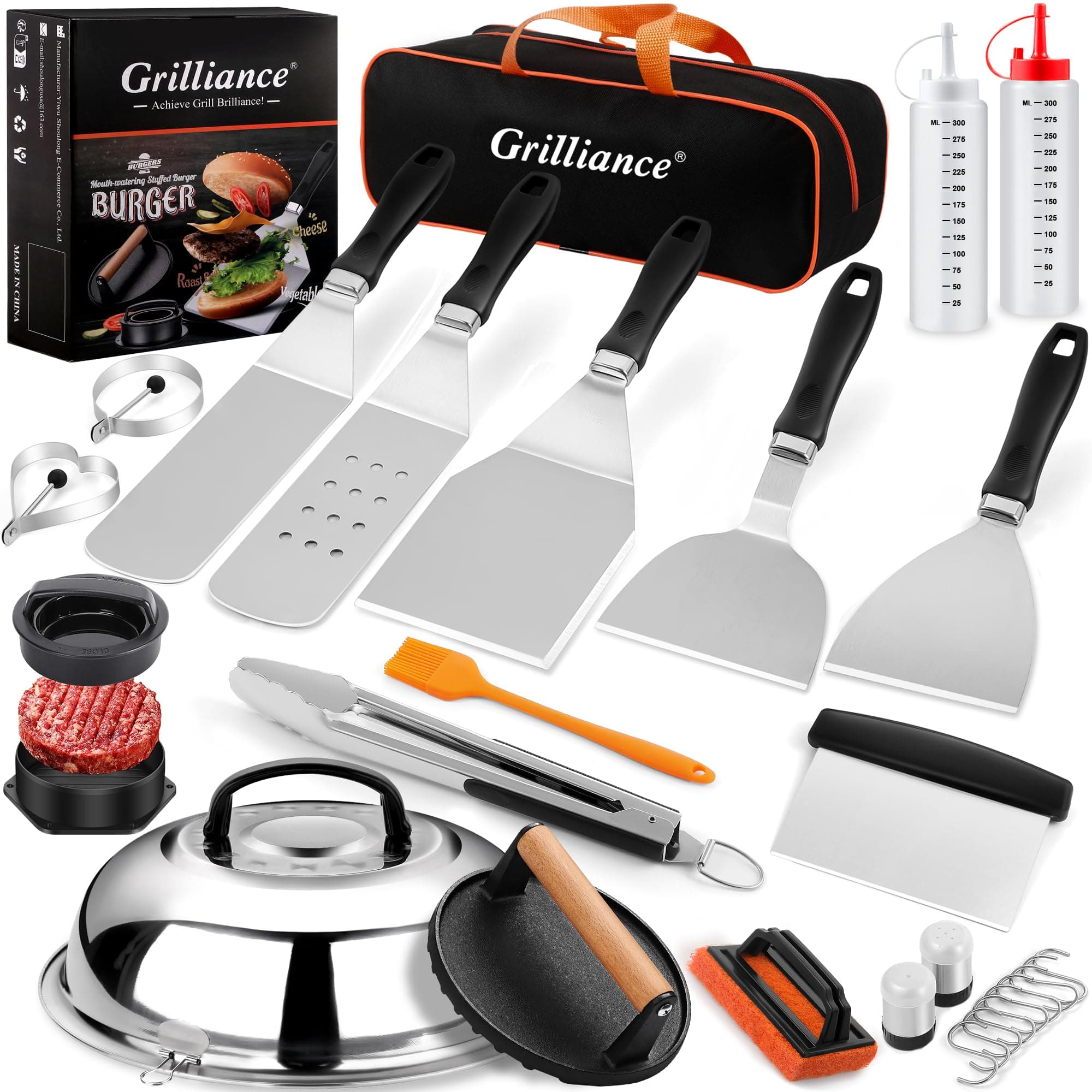 27pcs Blackstone Griddle Accessories Kit, Flat Top Grill Tools for Camp Chef，Hibachi Enlarged Spatula Gift Set with Basting Cover，Burger Press Patty Maker for Outdoor BBQ Teppanyaki