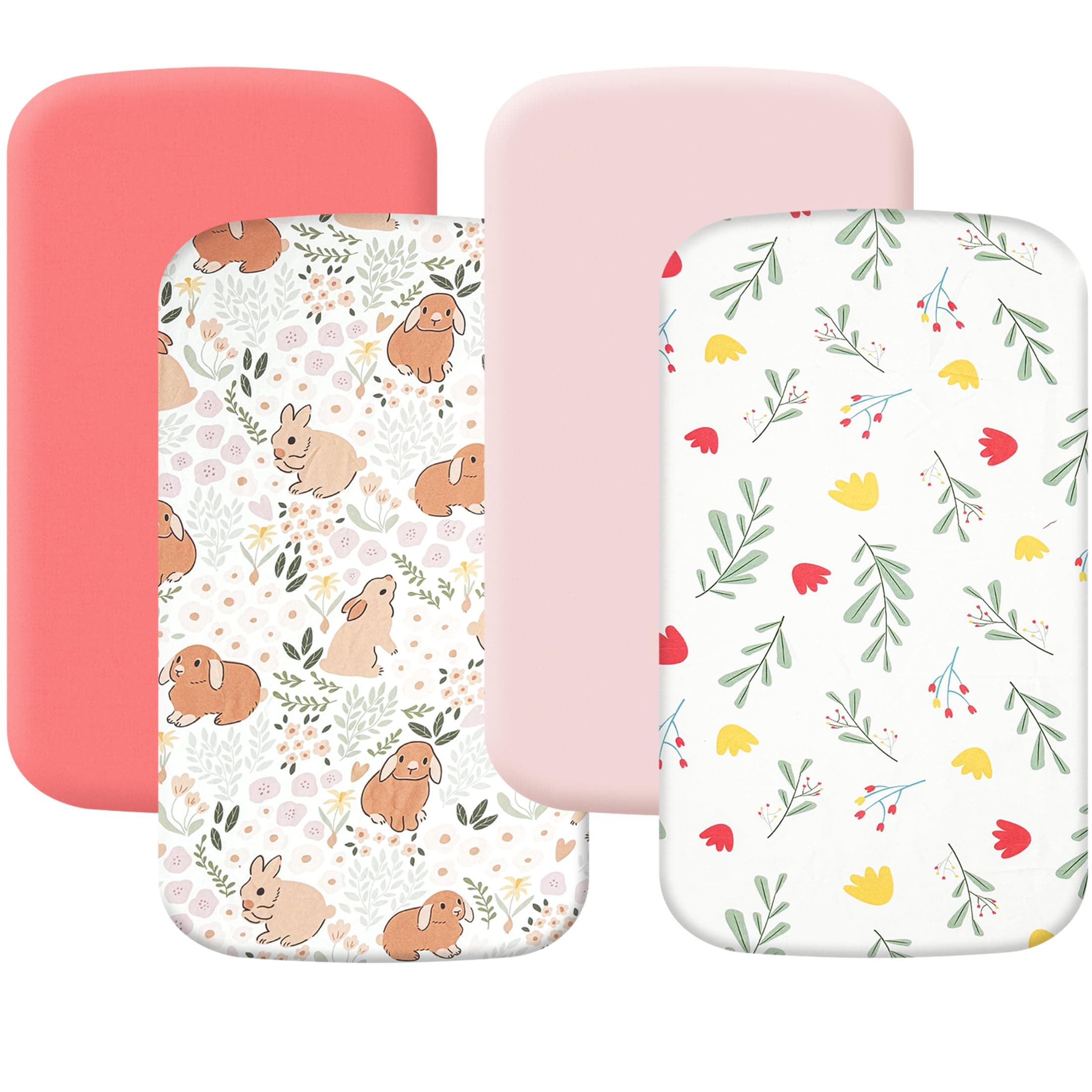 4 Pack Bassinet Sheets 21" x 35", Compatible with Besrey, Foalom, MiClassic, Milliard and Large Bassinet Mattress, Soft and Skin-Friendly, Pink and Rabbit
