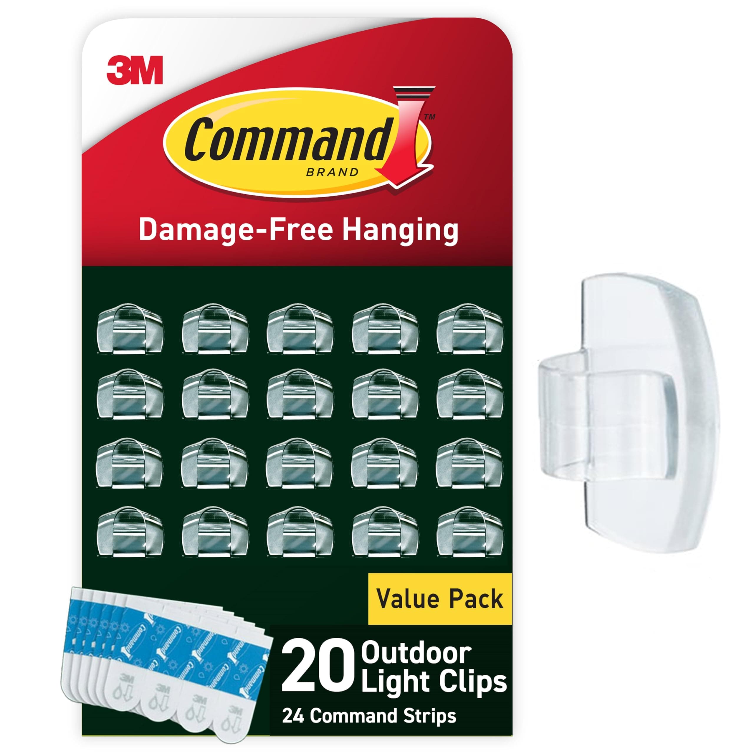 Command Outdoor Light Clips, Clear, 20-Clips, 24-Strips, Decorate Damage-Free