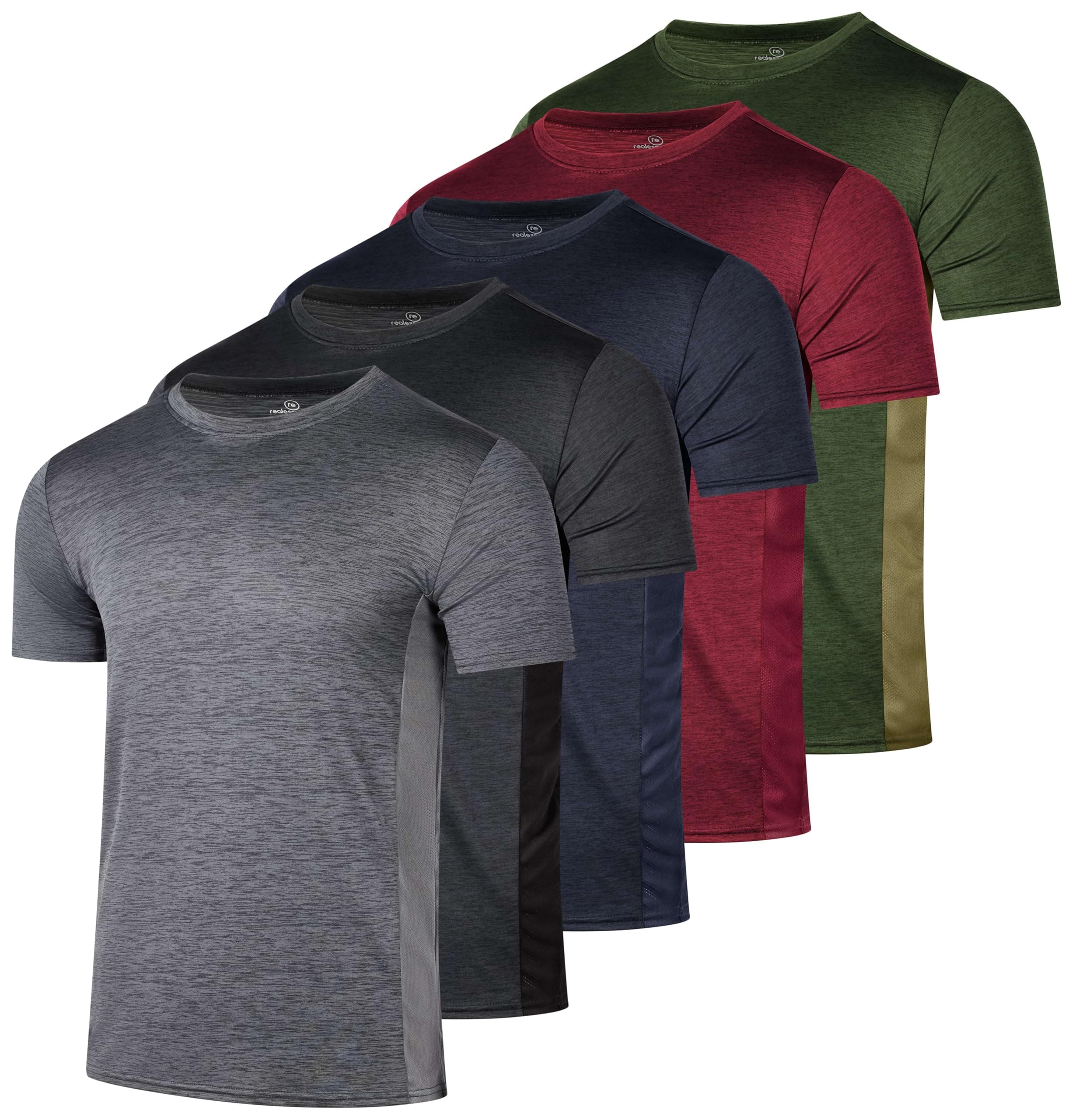Real Essentials 5 Pack: Men’s Dry-Fit Moisture Wicking Active Athletic Performance Crew T-Shirt