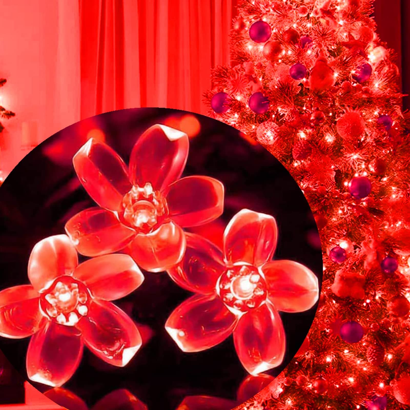 FULLBELL String Lights Red Room Decor Cherry Blossom Lights Flower String Lights 100 LED Memorable Extendable LED Lights (Red)