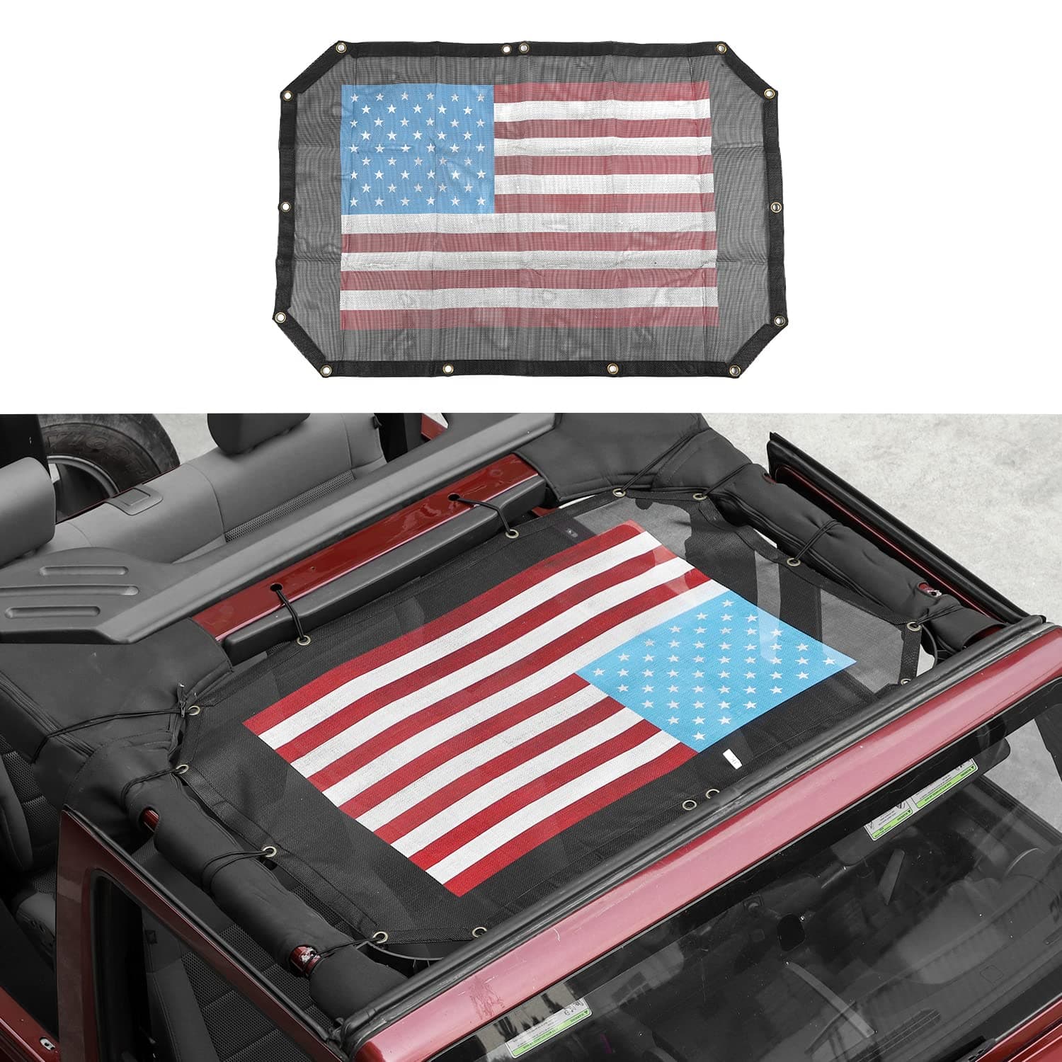 JeCar Mesh Sunshade Front Door Durable Polyester American Flag Top Cover Provides UV Sun Protection for Jeep Wrangler 2007-2018 JK & Unlimited