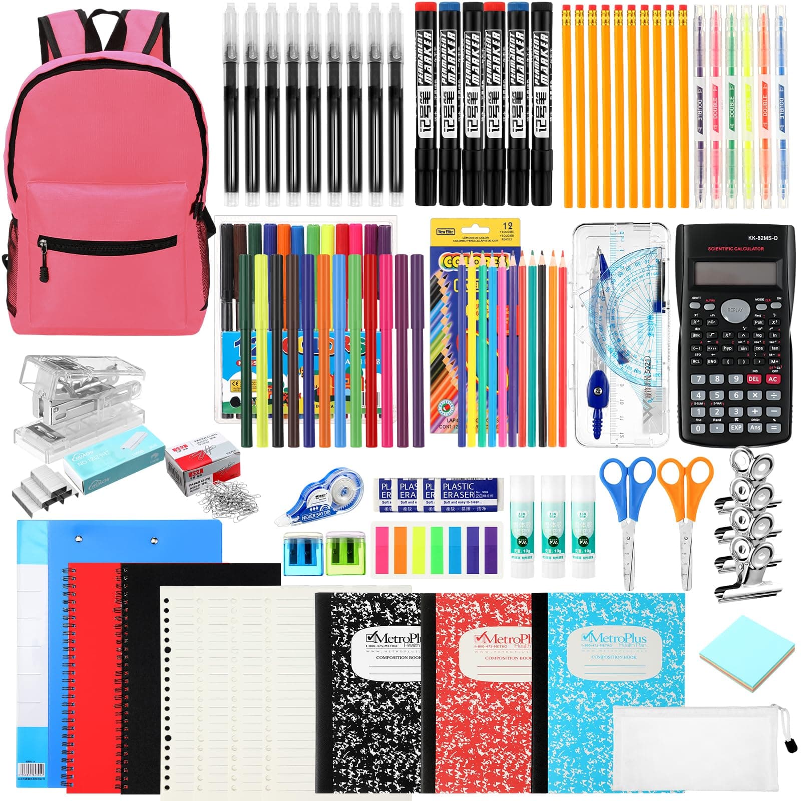 81 Pcs School Supply Kit with Backpack Back to School Supplies Bundle Bulk School Essentials for Elementary Middle High School Students Includes Folders Notebooks Pencils and More(Pink)