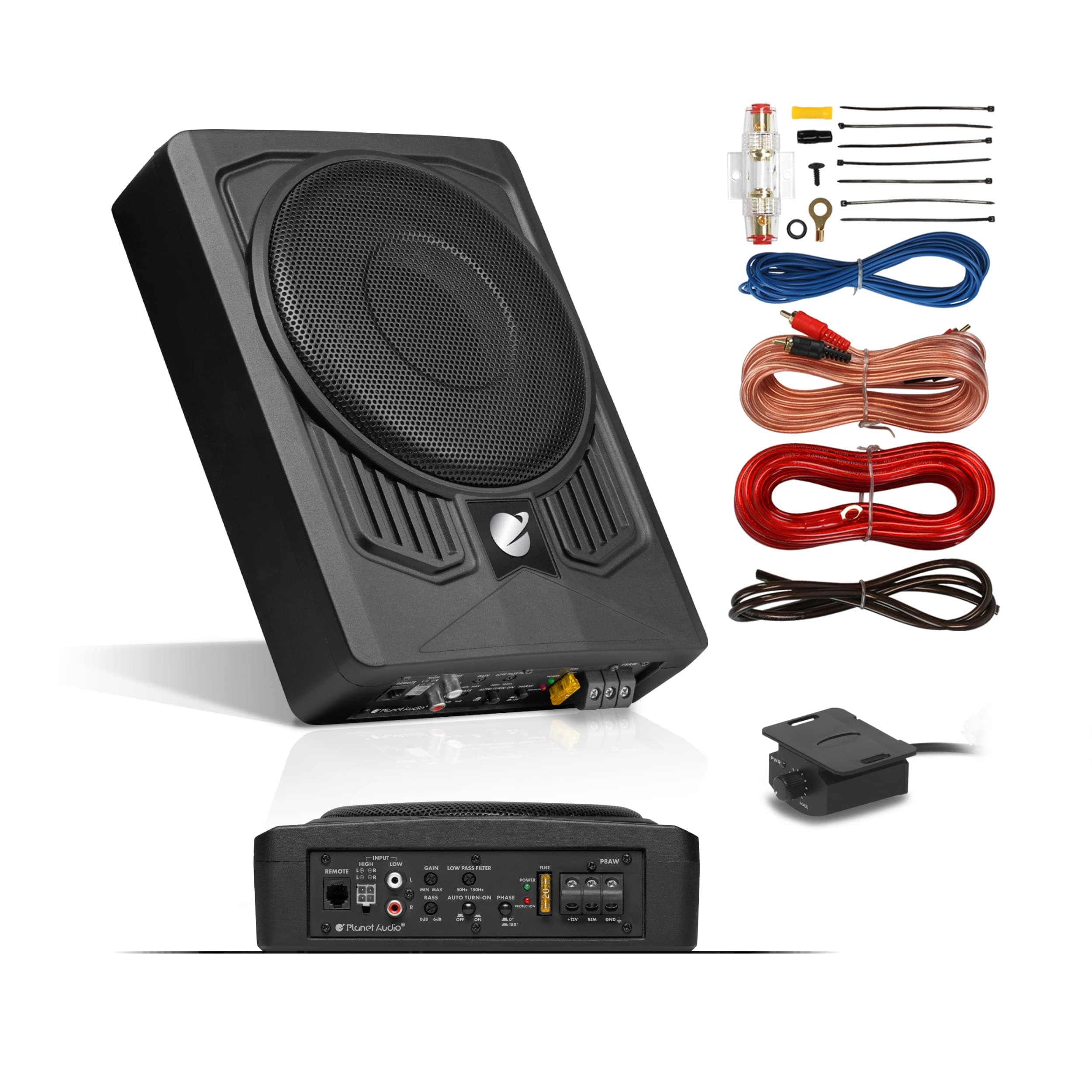 P8AWK Low Profile 8 Inch Under Seat Powered Car Subwoofer - 800 High Output, Built-in Amplifier, for Truck, Boxes and Enclosures, Remote Subwoofer Control