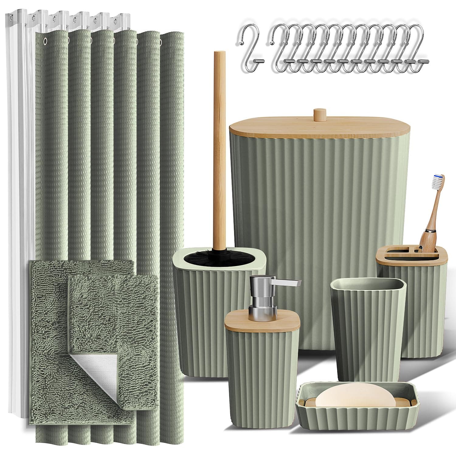 Clara Clark Bathroom Accessories Set - Bathroom Set, Bathroom Sets with Shower Curtain and Rugs, Shower Curtain Set with Trah Can - Light Sage Green - 22PC