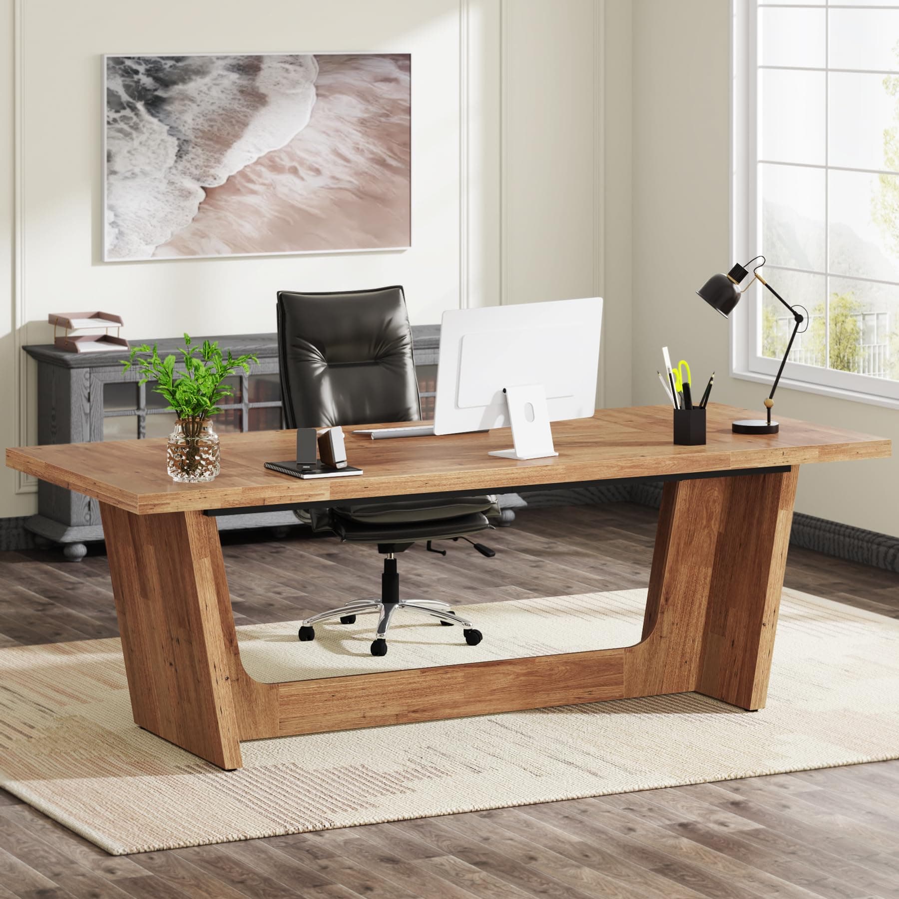 Tribesigns 70.87-Inch Executive Computer Desk: Large Home Office Desk with Solid Wooden Pedestal, Industrial Wood Study Writing Table, Workstation Business Furniture, Walnut