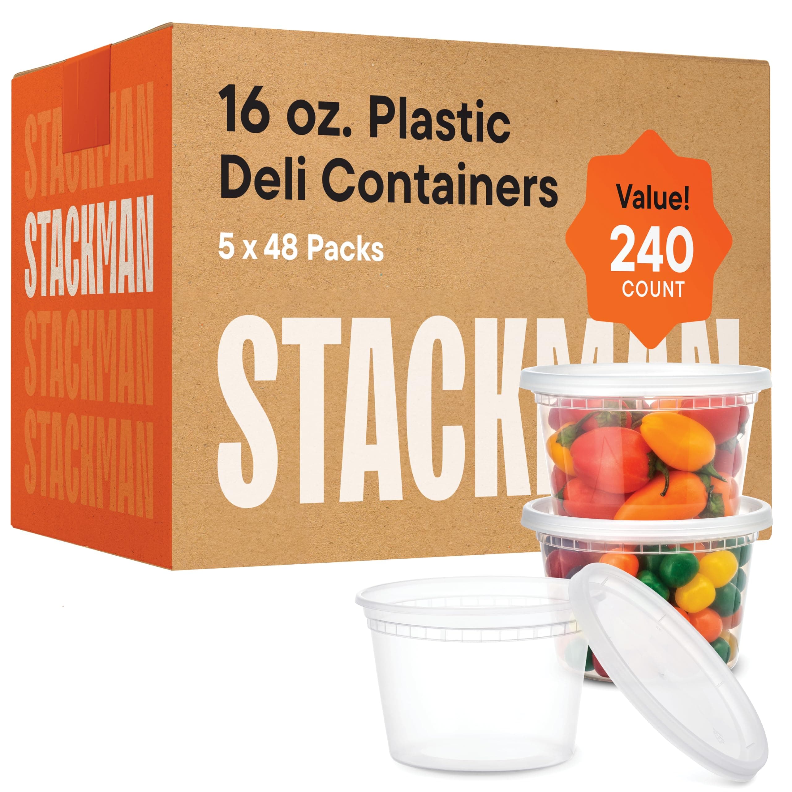 Stack Man [240 Sets - 16 oz.] Clear Plastic Deli Food Storage Containers with Airtight Lids - Soup Containers - Bulk Pack - 240/Case Brand