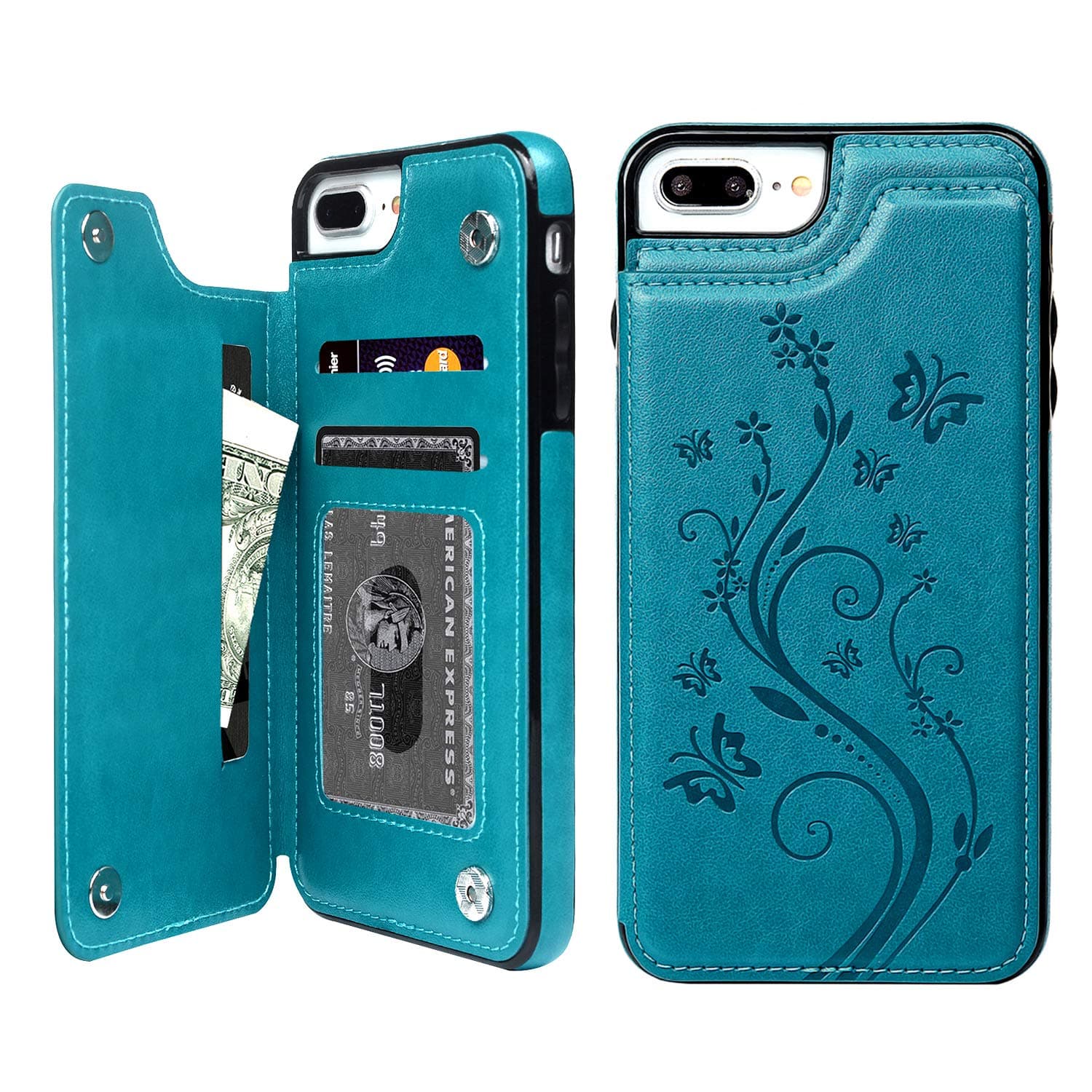 Compatible with iPhone 7 Plus Case with Card Holder, iPhone 8 Plus Wallet Case Premium PU Leather Embossed Butterfly Kickstand Card Slots Magnetic Clasp Cover for iPhone 7 Plus & 8 Plus, Blue