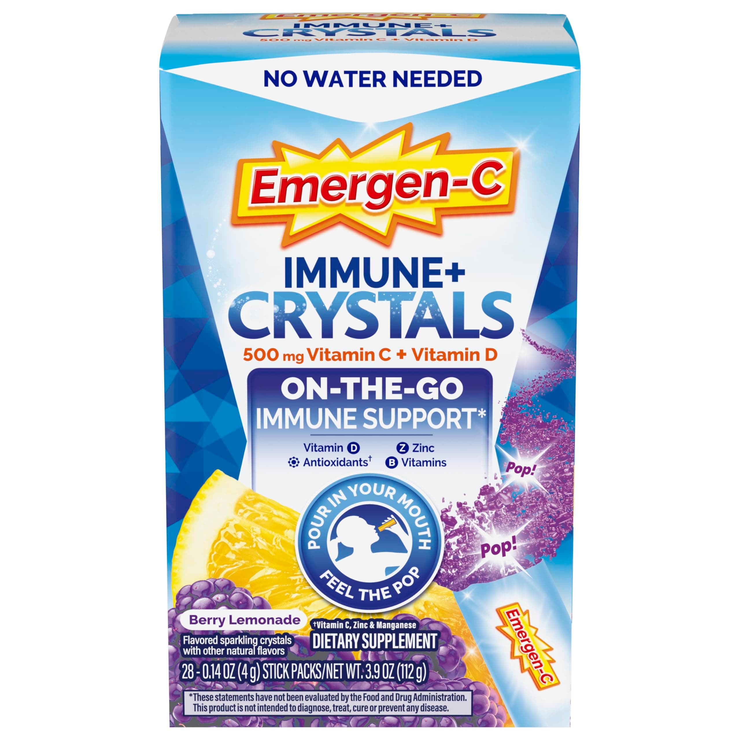 Emergen-C Immune Plus Crystals, On-the-Go Immune Support Supplement with Vitamin C, Vitamin D, B Vitamins, Zinc and Manganese, Berry Lemonade - 28 Stick Packs