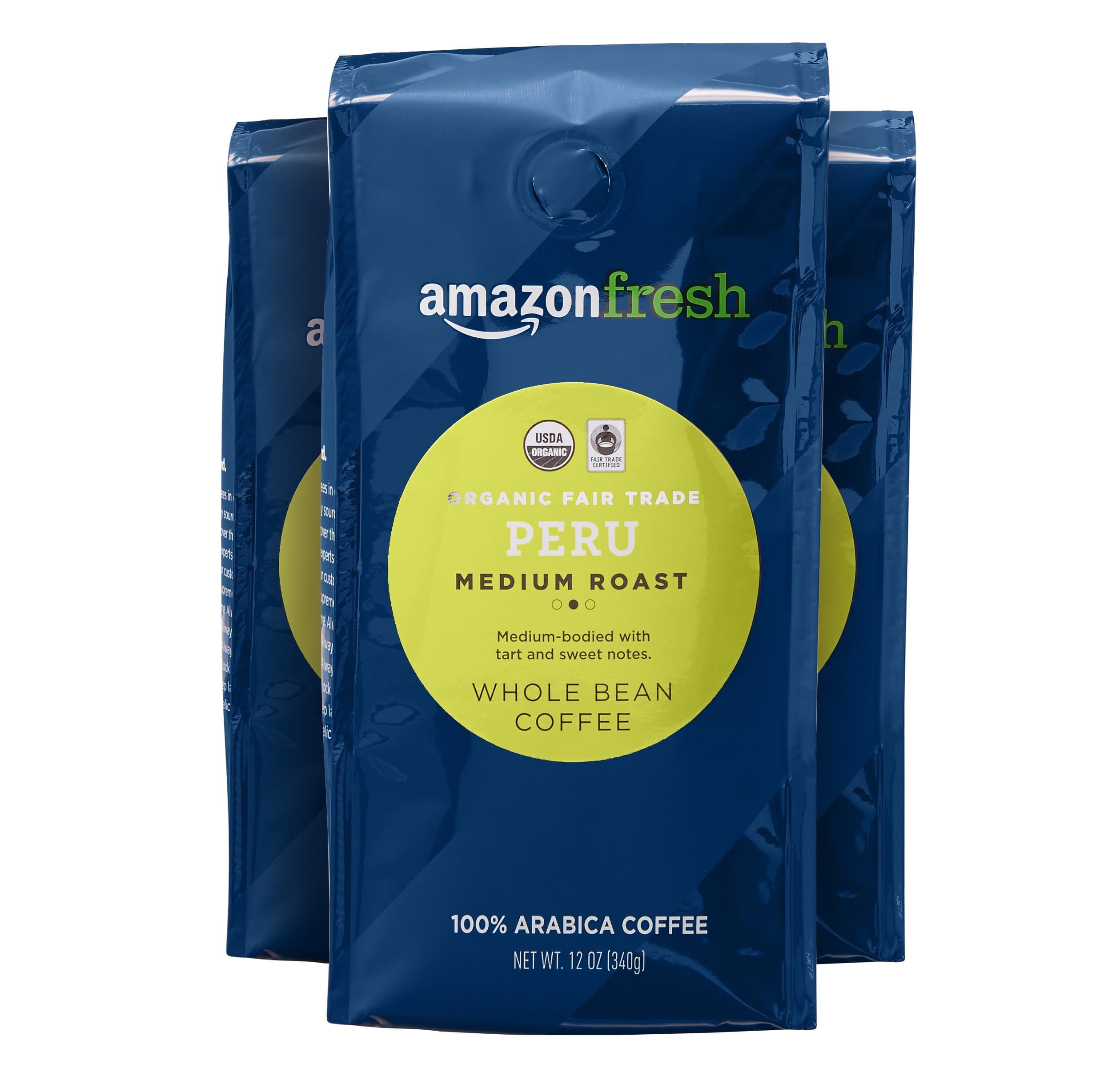 Amazon Fresh Organic Fair Trade Peru Whole Bean Coffee, Medium Roast, 12 Ounce (Pack of 3)