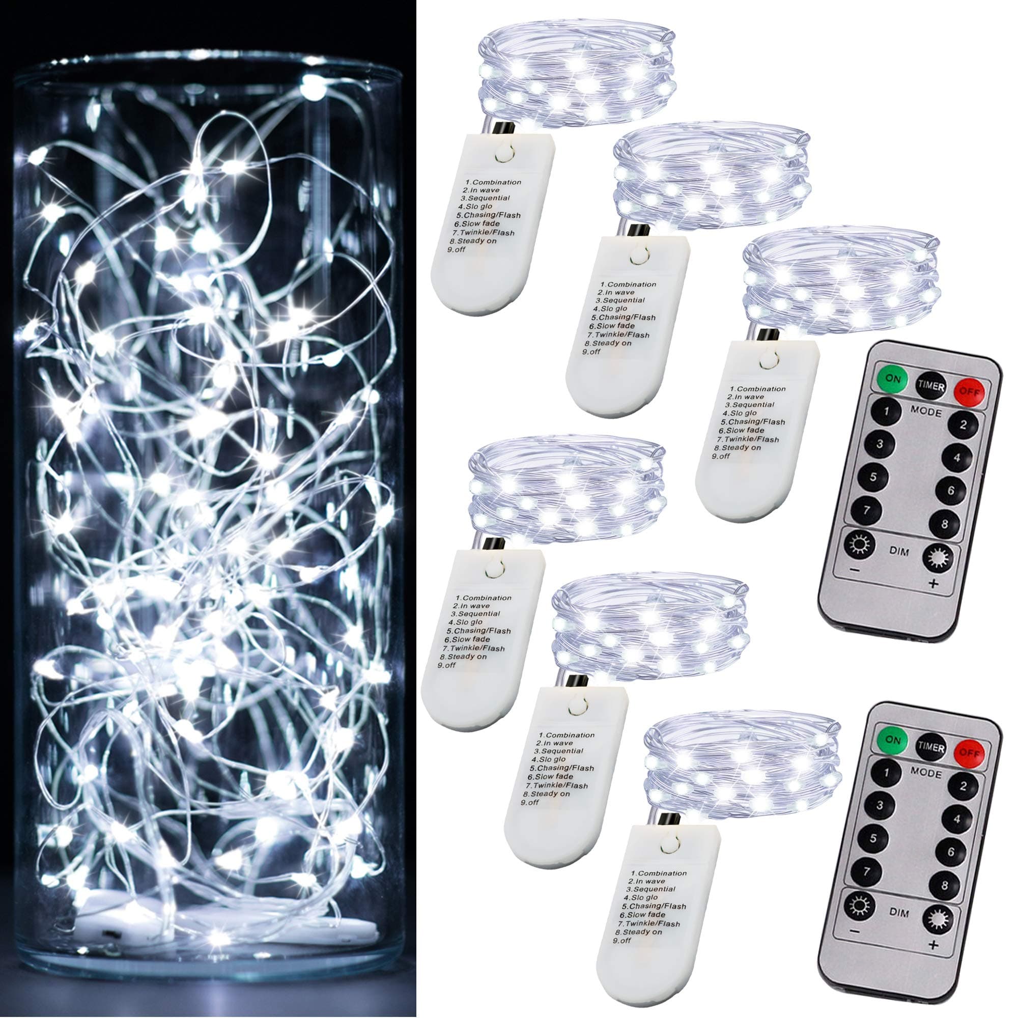 6 Pack Fairy Lights Battery Operated Mini String Lights with Timer 2PCS Remote 6.5ft 20LED Cool White Firefly Lights Waterproof Silver Wire Twinkle Lights DIY Mason Jar Wedding Party Christmas Decor