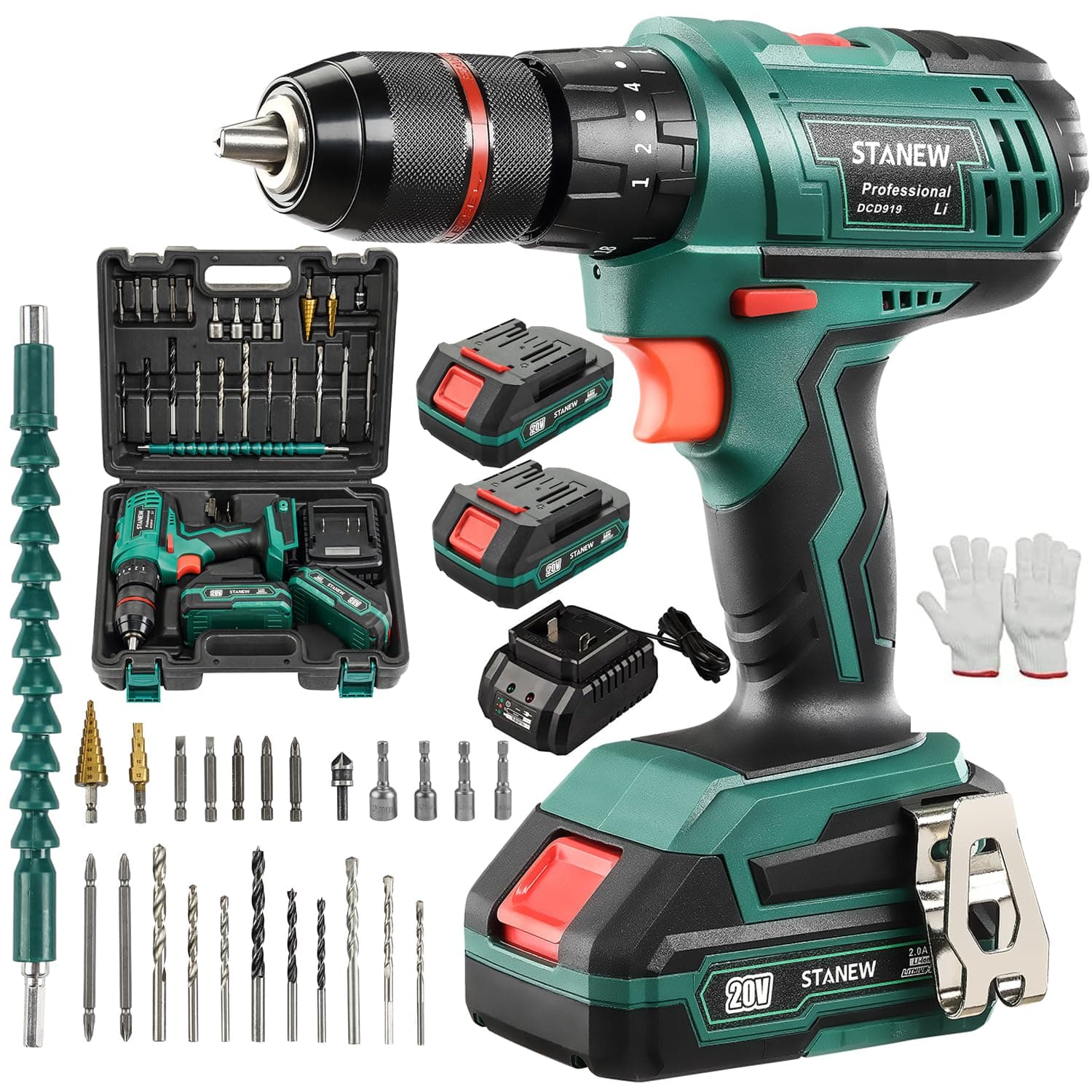 STANEW Cordless Drill Set, Hammer Drill Driver 2 X 20v 2.0ah Lithium-Ion Batteries And Charger, 18+3 Torque, 24 Accessories + Plastic Case Carrying Case For Wood Drilling And Screwdriver/Fastening